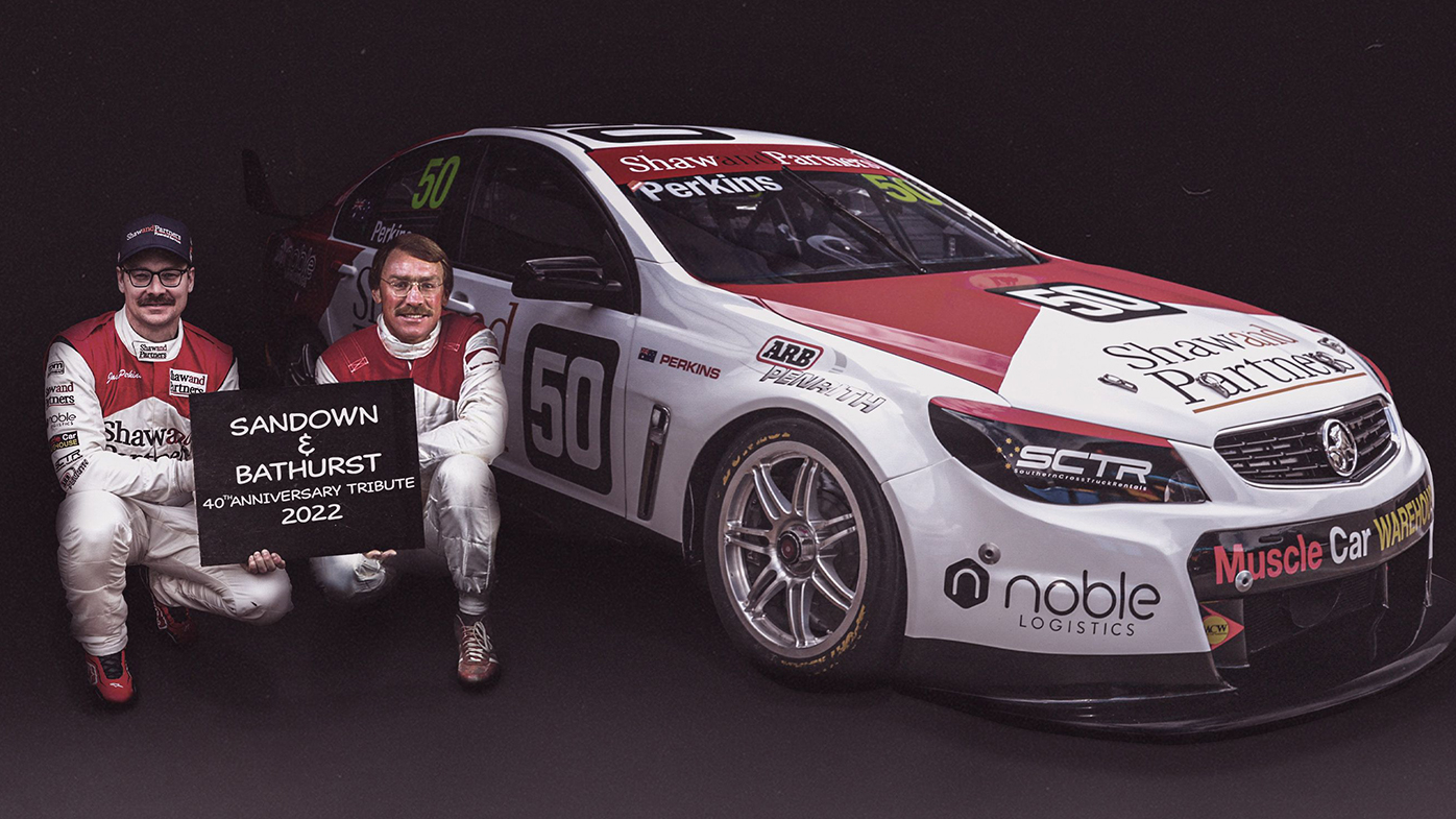 Jack Perkins, alongside a photoshopped image of father Larry from 1982, with the tribute livery on his Commodore.