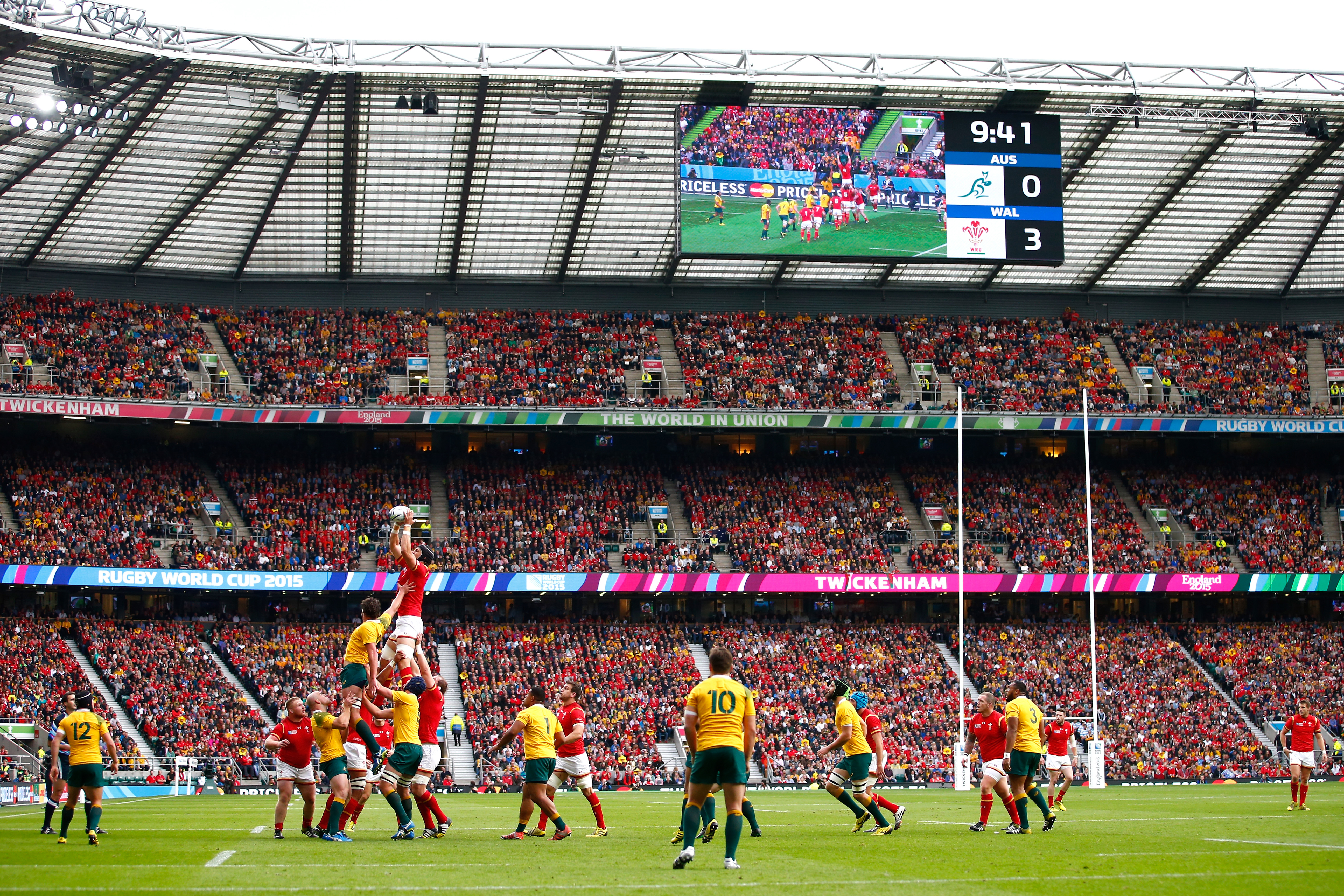 A lineout during the 2015 Rugby World Cup Pool A match between Australia and Wales at Twickenham Stadium in London.