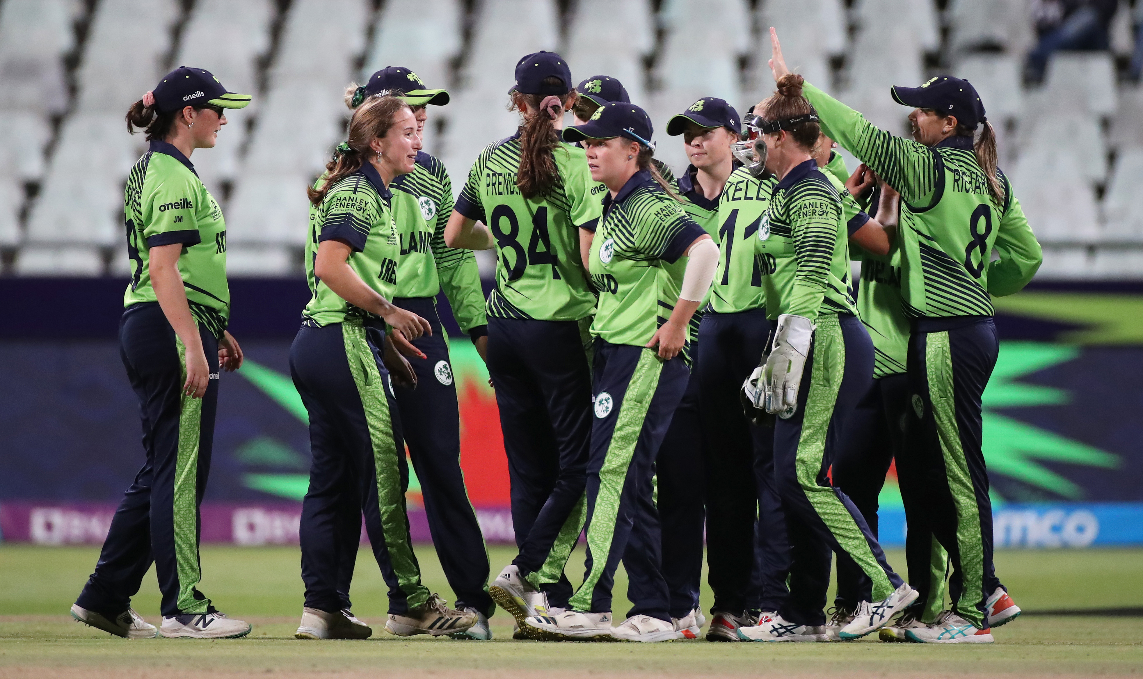 The Irish players celebrate the wicket of Rashada Williams.