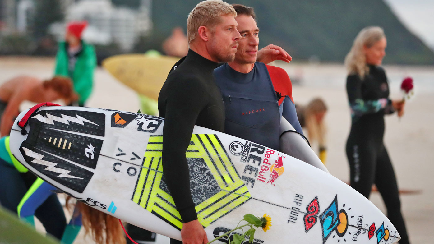 Surfer Mick Fanning attends a paddle out in memory of Alex 'Chumpy' Pullin