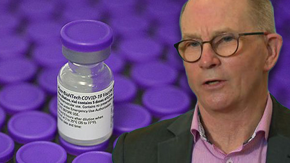 CMO Professor Paul Kelly with inset of a COVID-19 vaccine dose.