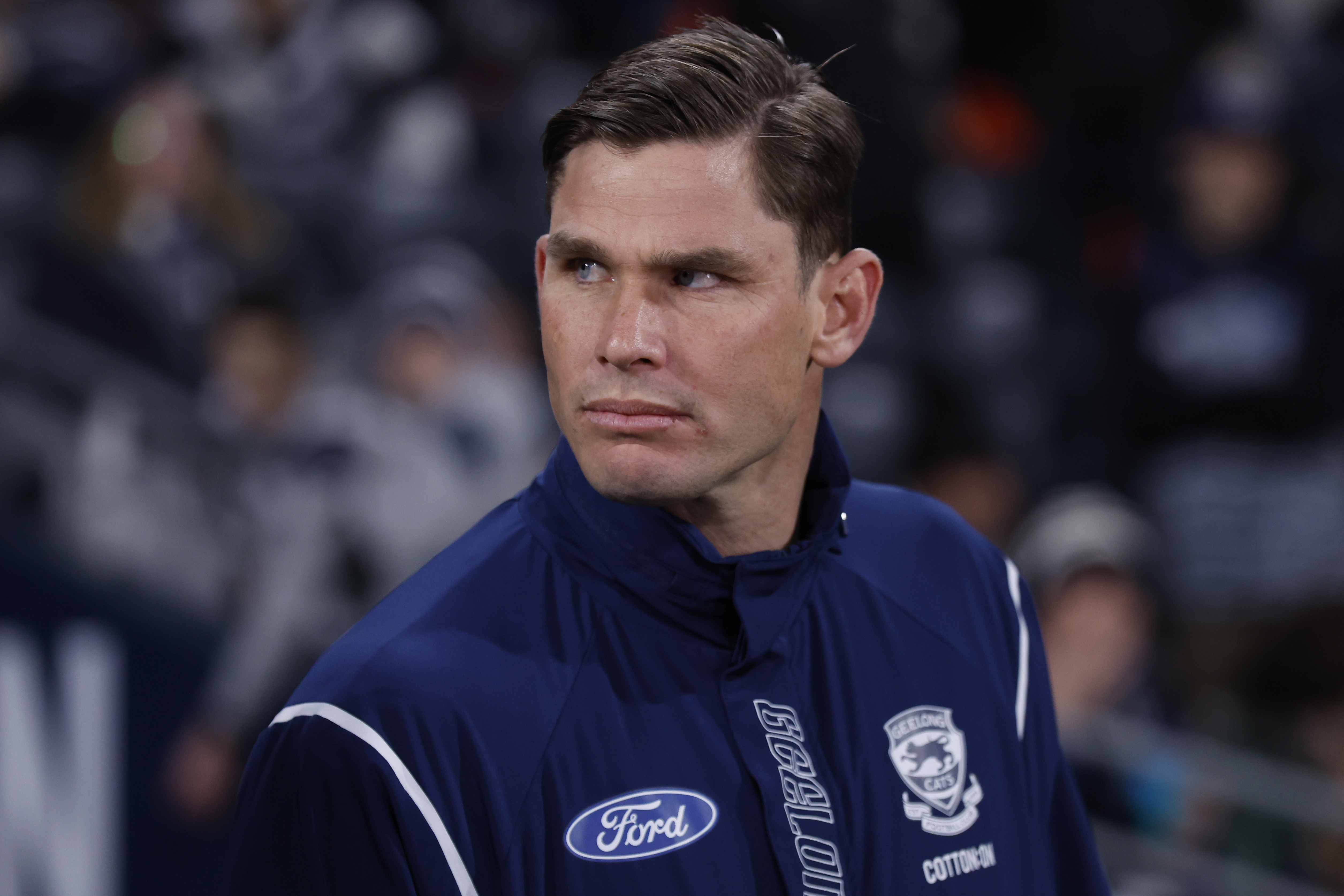 GEELONG, AUSTRALIA - AUGUST 05: Tom Hawkins of the Cats looks on during the round 21 AFL match between Geelong Cats and Port Adelaide Power at GMHBA Stadium, on August 05, 2023, in Geelong, Australia. (Photo by Darrian Traynor/AFL Photos/via Getty Images)
