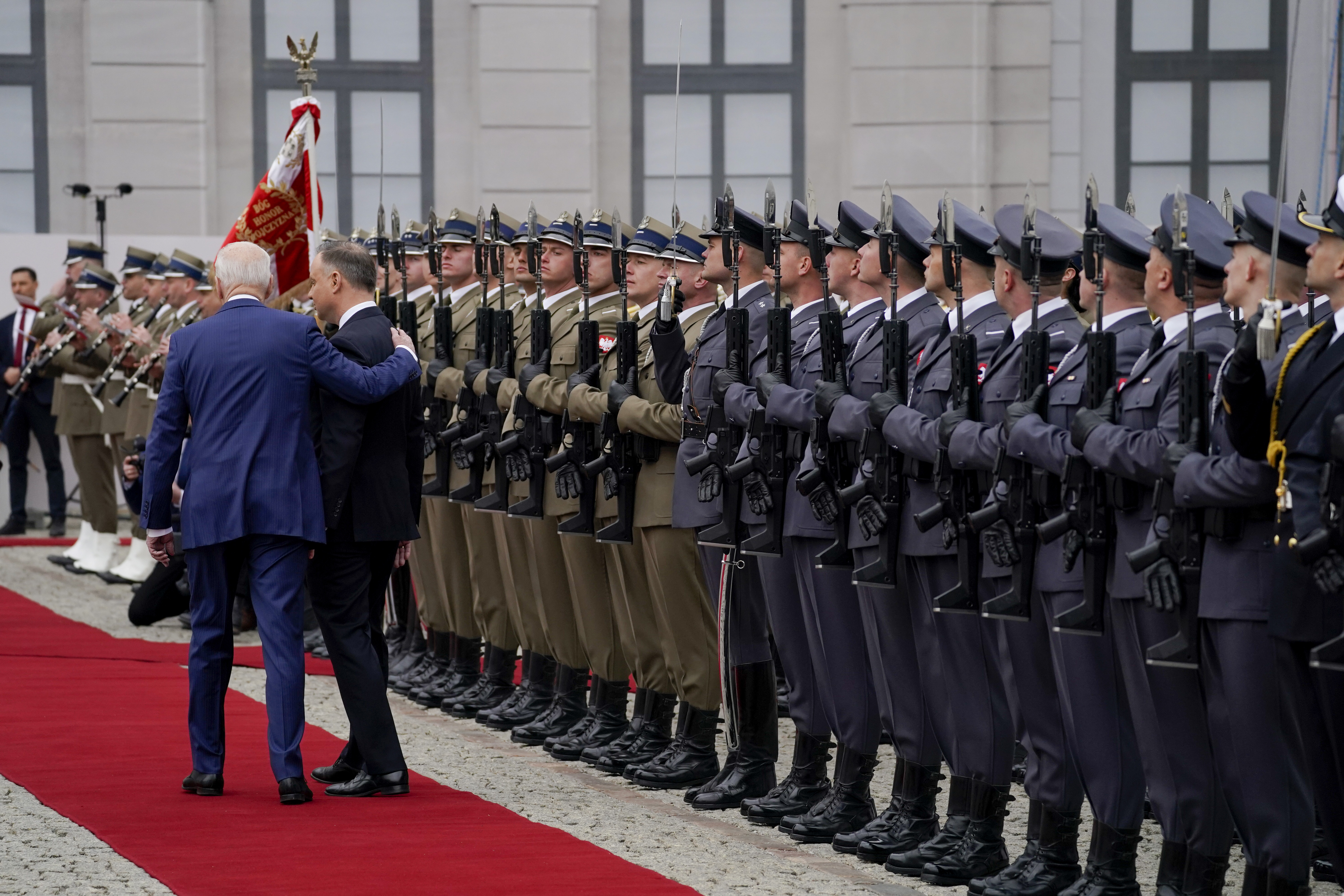 President Joe Biden participates in an arrival ceremony with Polish President Andrzej Duda at the Presidential Palace, Saturday, March 26, 2022, in Warsaw.