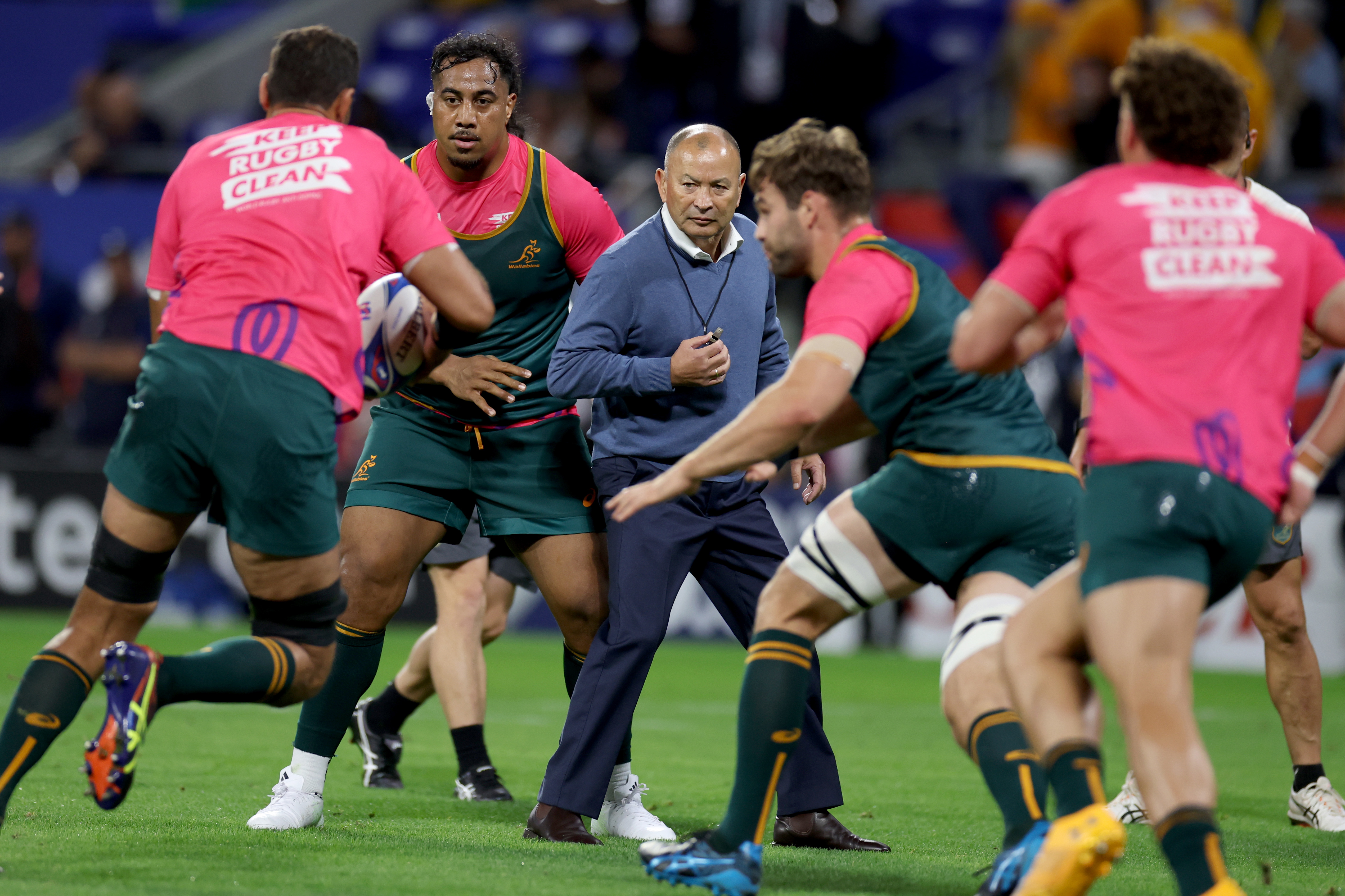 Eddie Jones oversees training at  OL Stadium in Lyon.