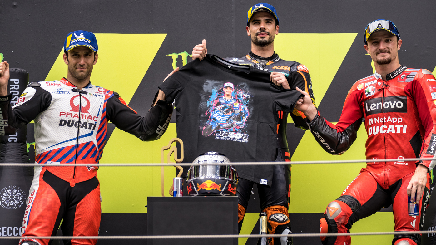 MotoGP riders including Jack Miller honor Moto3 rider Jason Dupasquier on the podium