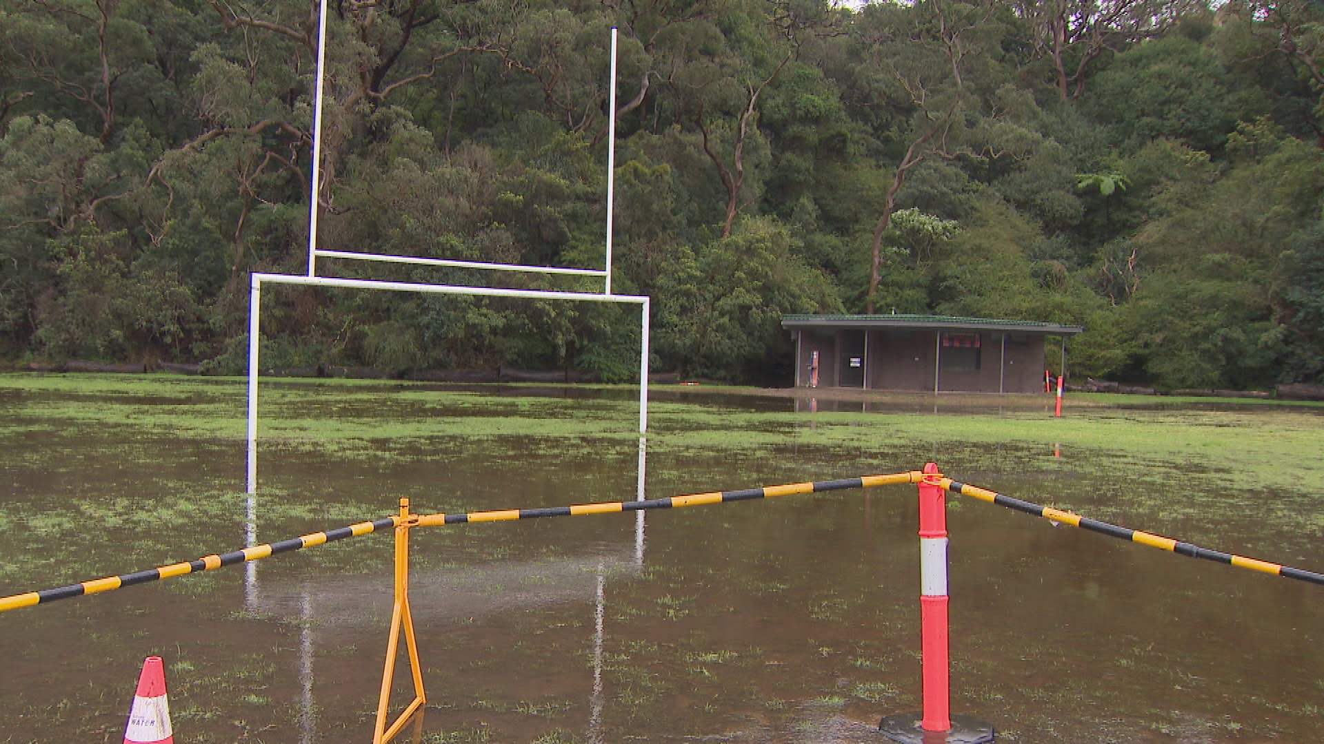 Image of a flooded sports field in Cammeray, Sydney.