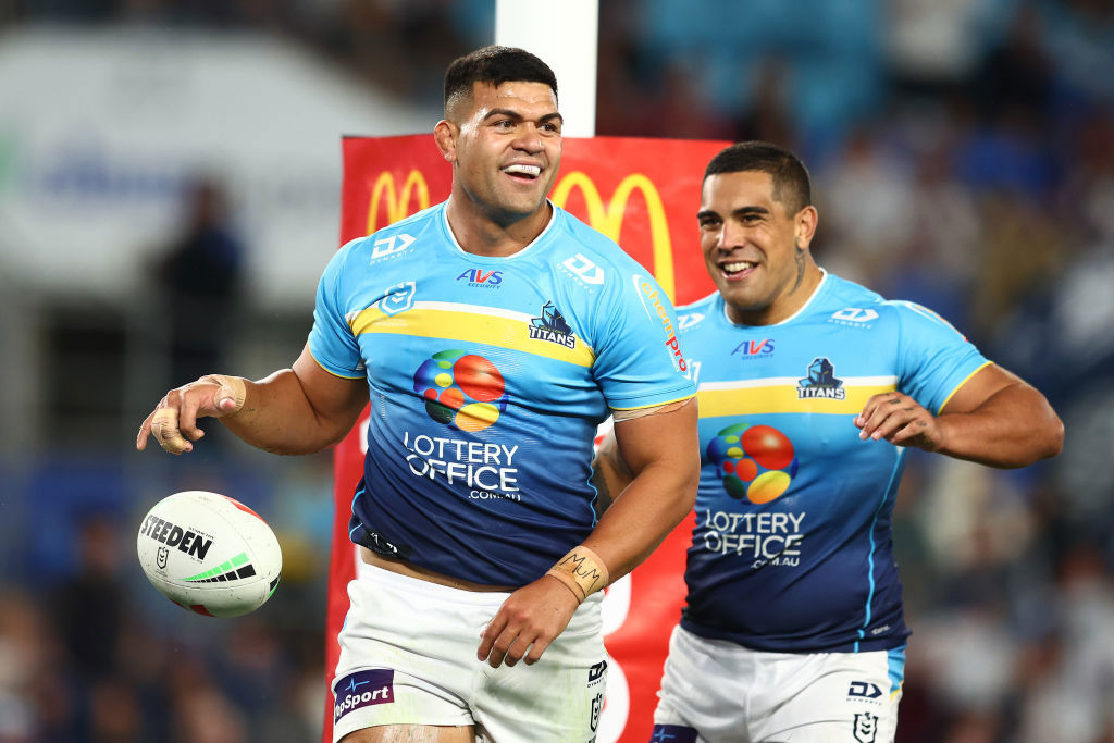 David Fifita celebrates a try.