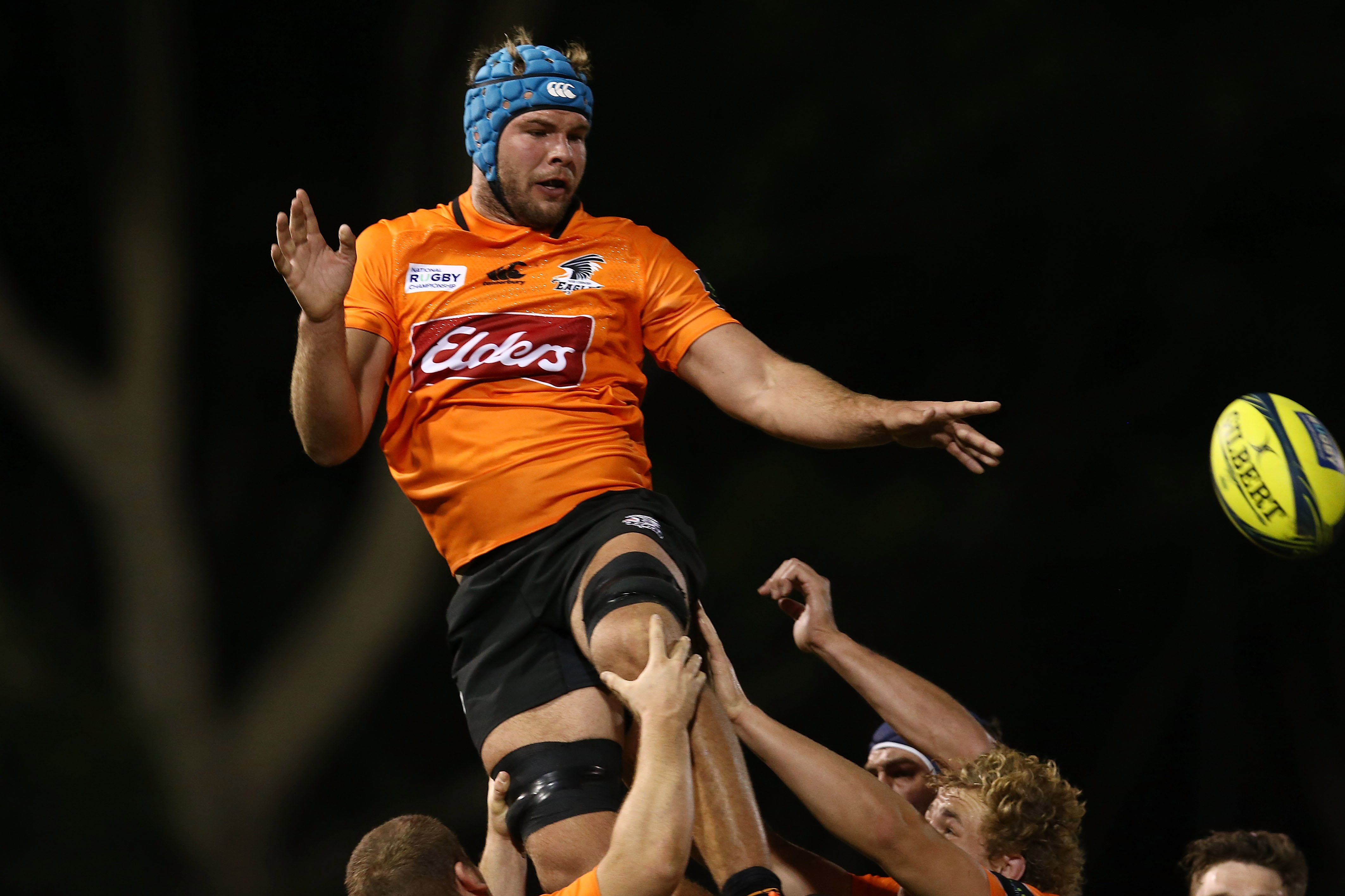 Sam Thomson of the Eagles competes in a lineout.