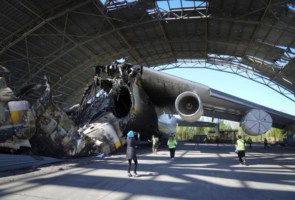 The gutted remains of the Antonov An-225, world's biggest cargo aircraft destroyed during recent fighting between Russian and Ukrainian forces