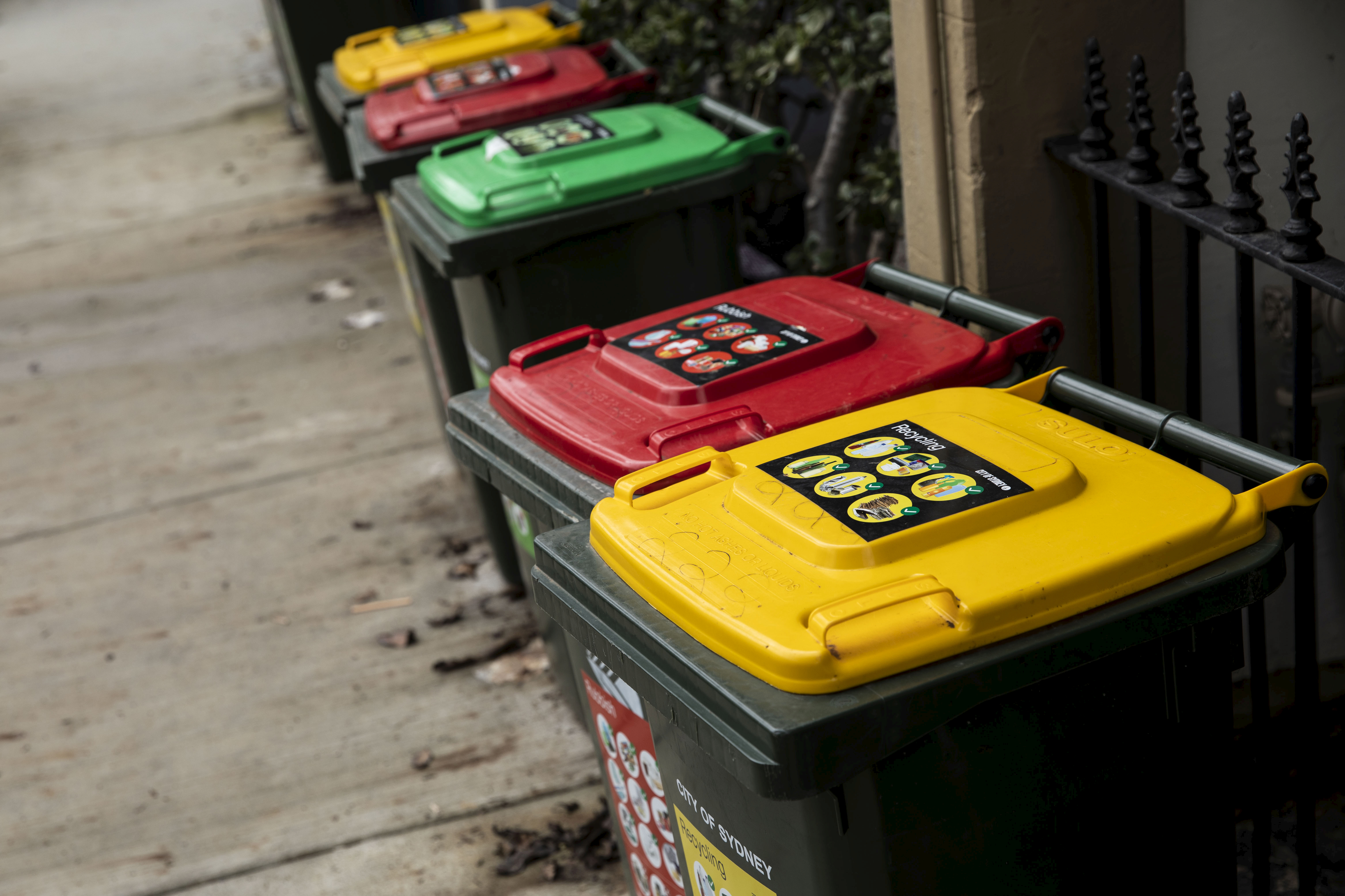Generic. Garbage Recycling green waste bin bins in the City of Sydney Council area on February 13, 2020. 