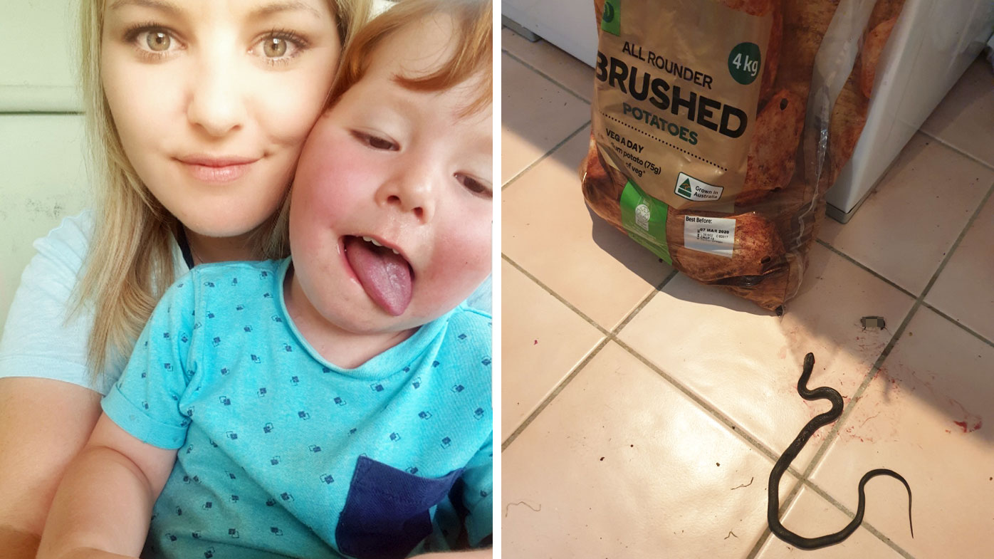 Melissa Davidson with her son Chase, and (right) the snake pictured next to the bag of potatoes she bought at Woolworths.