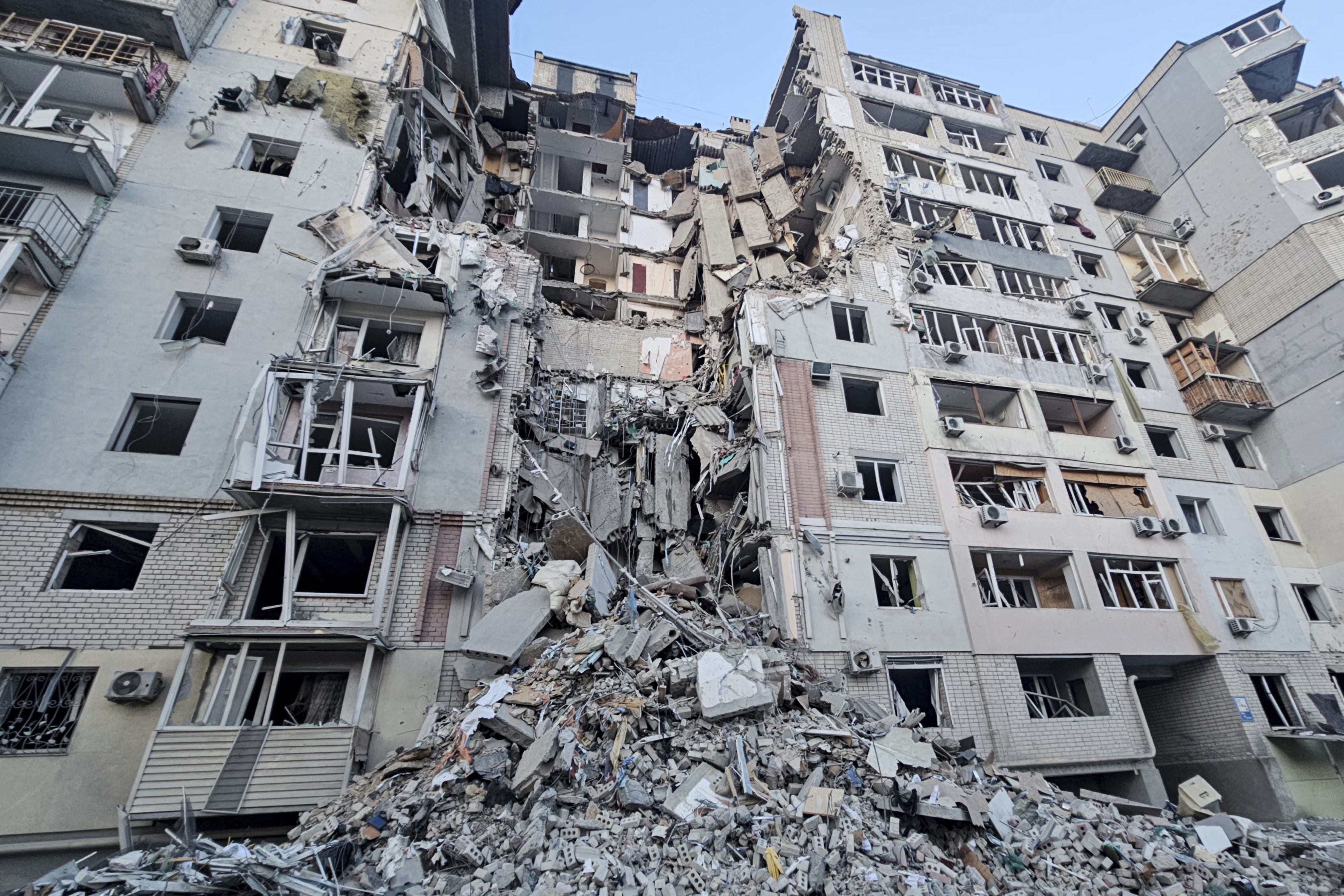 Building heavily damaged by a Russian strike in Kherson, Ukraine. 