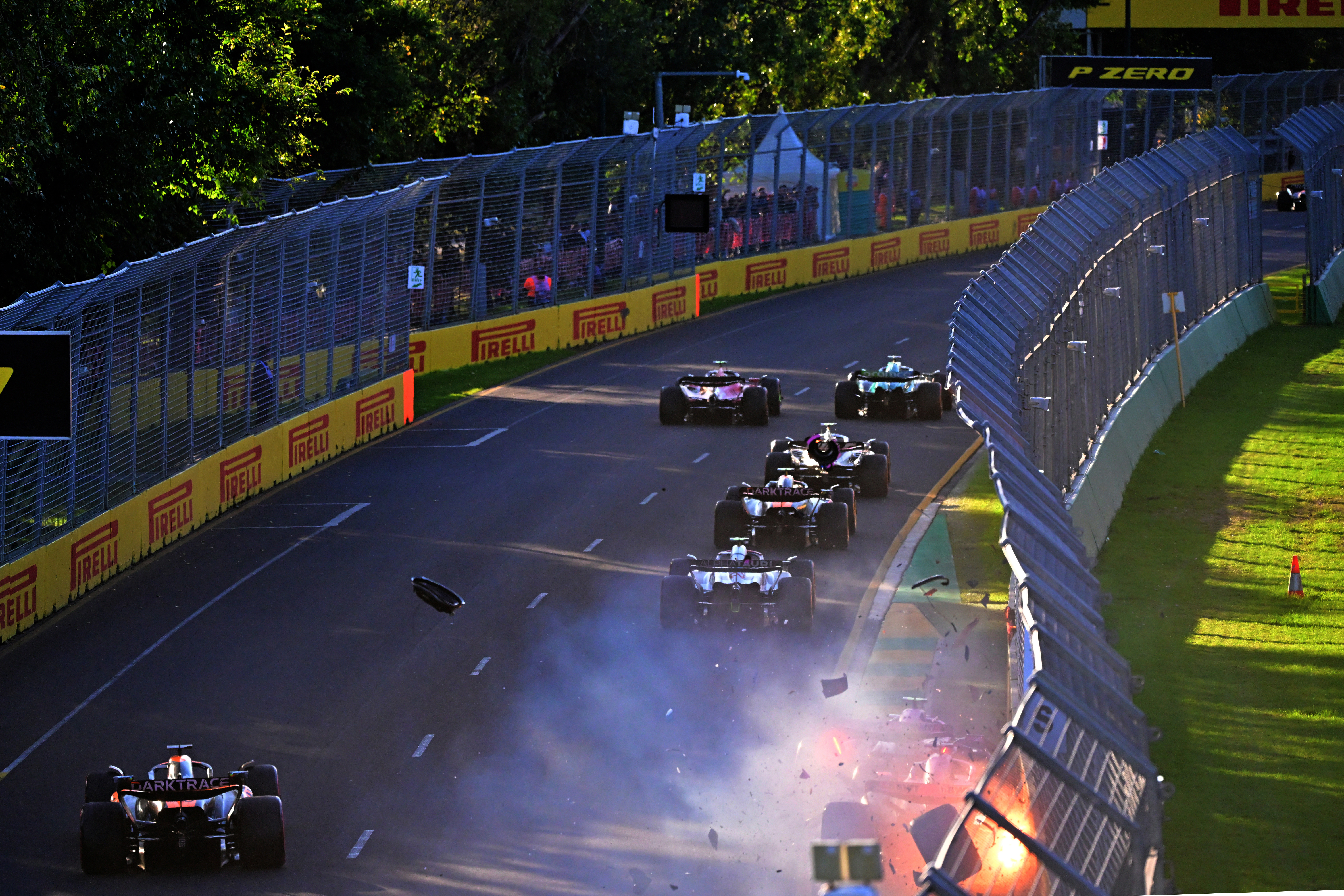 A rear view of the second restart showing Pierre Gasly of France driving the (10) Alpine F1 A523 Renault and Esteban Ocon of France driving the (31) Alpine F1 A523 Renault collide (bottom) during the F1 Grand Prix of Australia at Albert Park Grand Prix Circuit on April 02, 2023 in Melbourne, Australia. (Photo by Peter van Egmond/Getty Images)