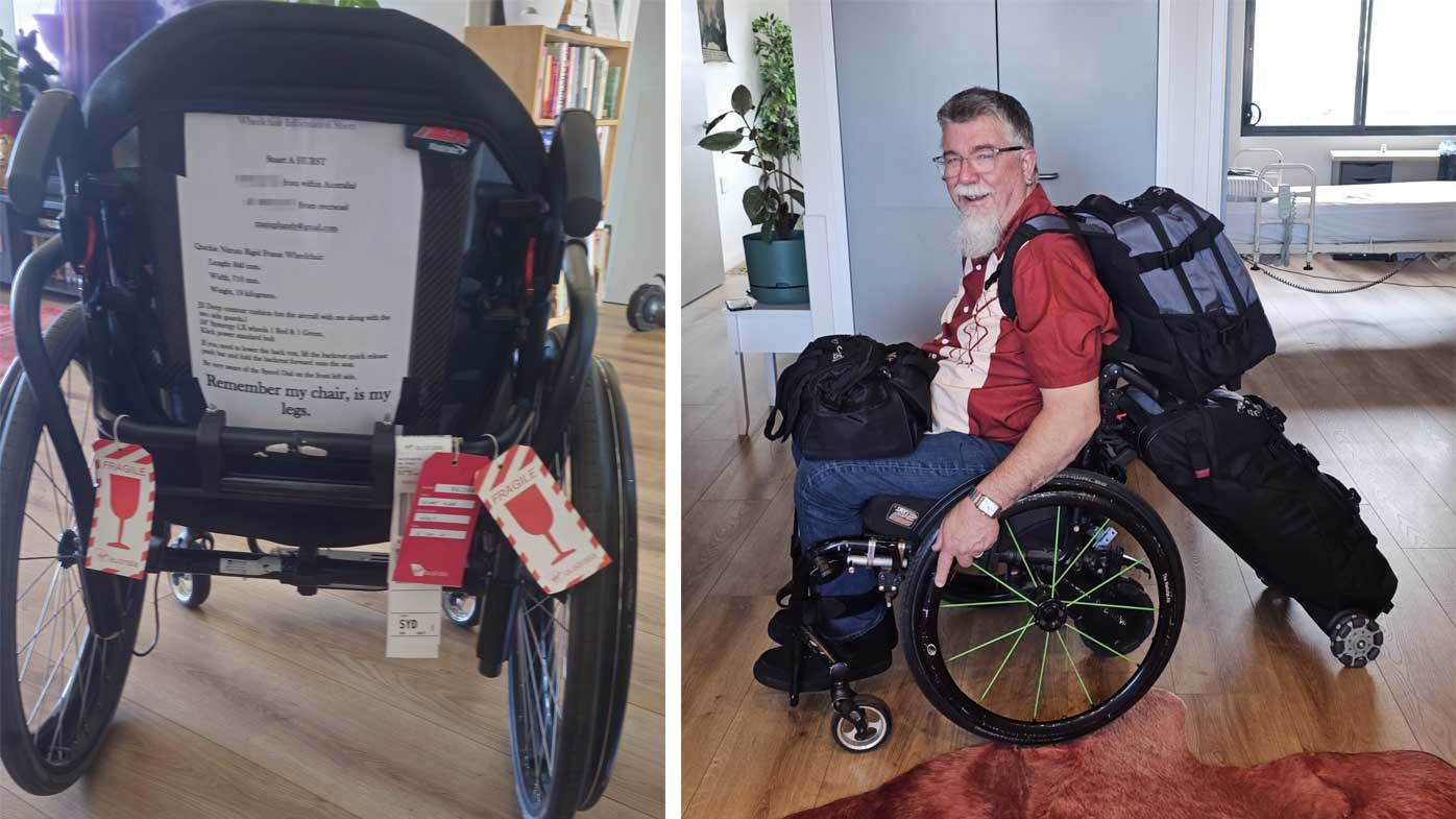 Stuart Hurst travels often. Pictured at left is a notice he has attached to his wheelchair for airline baggage handlers.