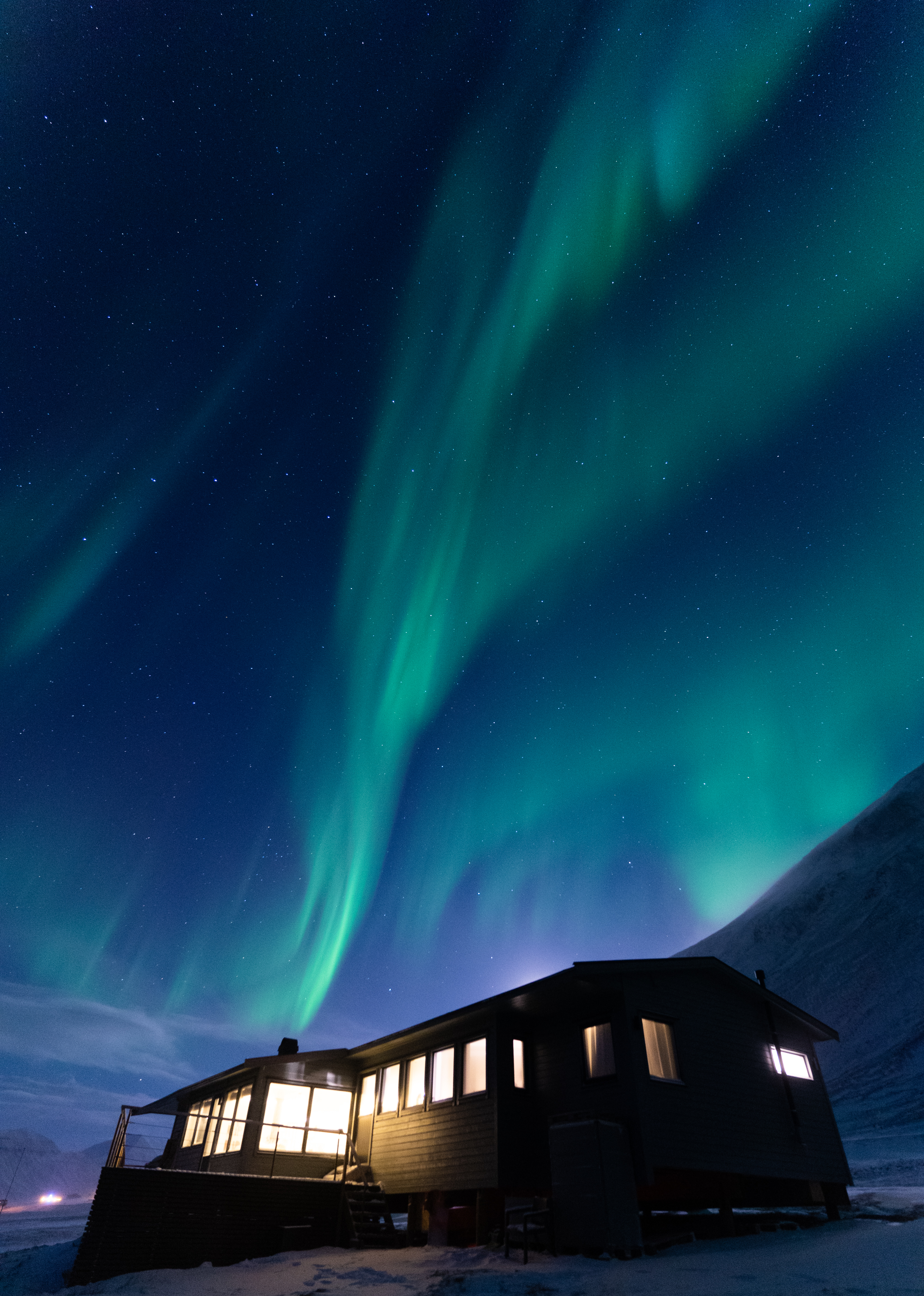 The northern lights in Svalbard can be seen during the polar nights in winter.