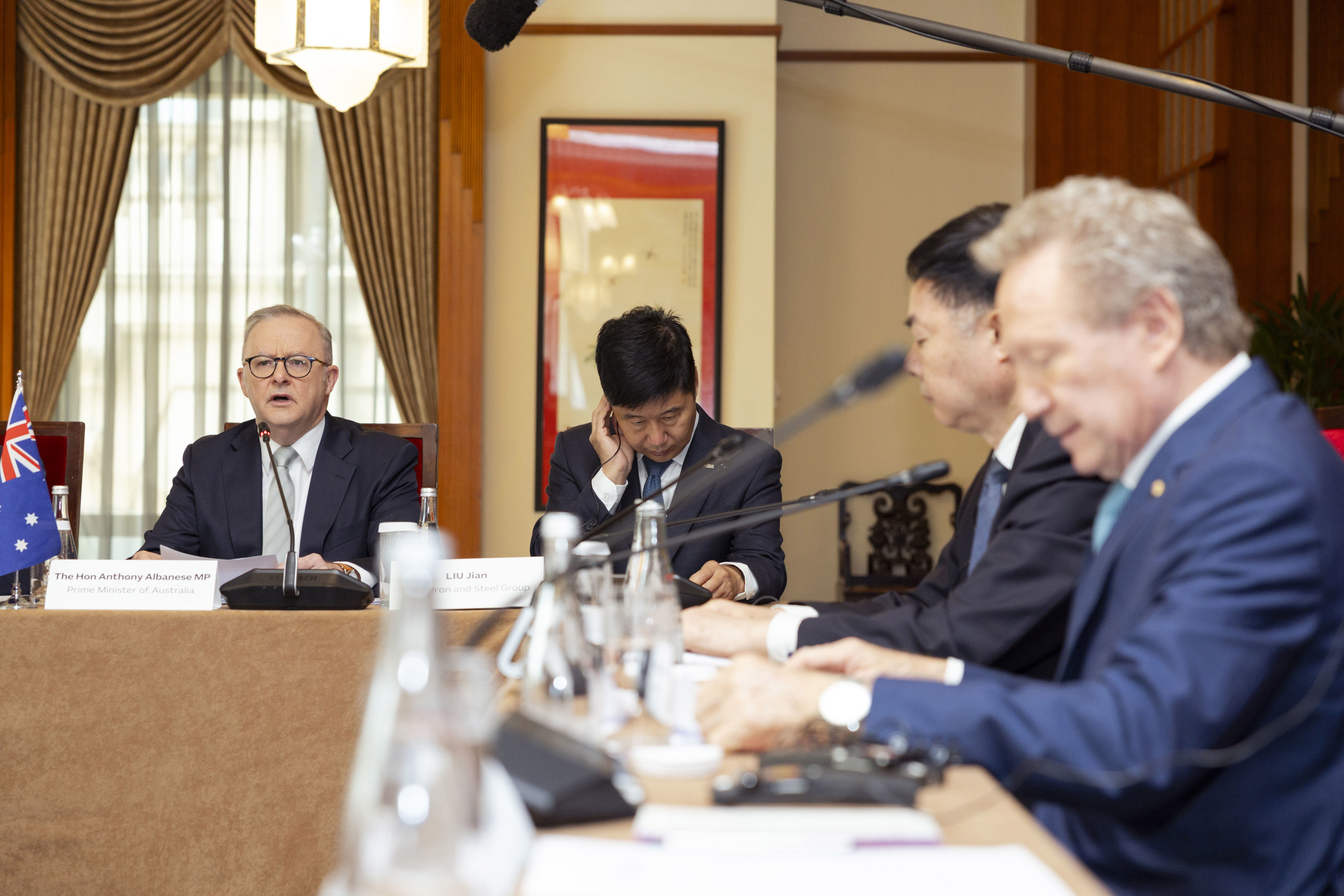 Prime Minister Anthony Albanese and Andrew Forrest at a steel decarbonisation meeting in Shanghai, China on July 14, 2025.