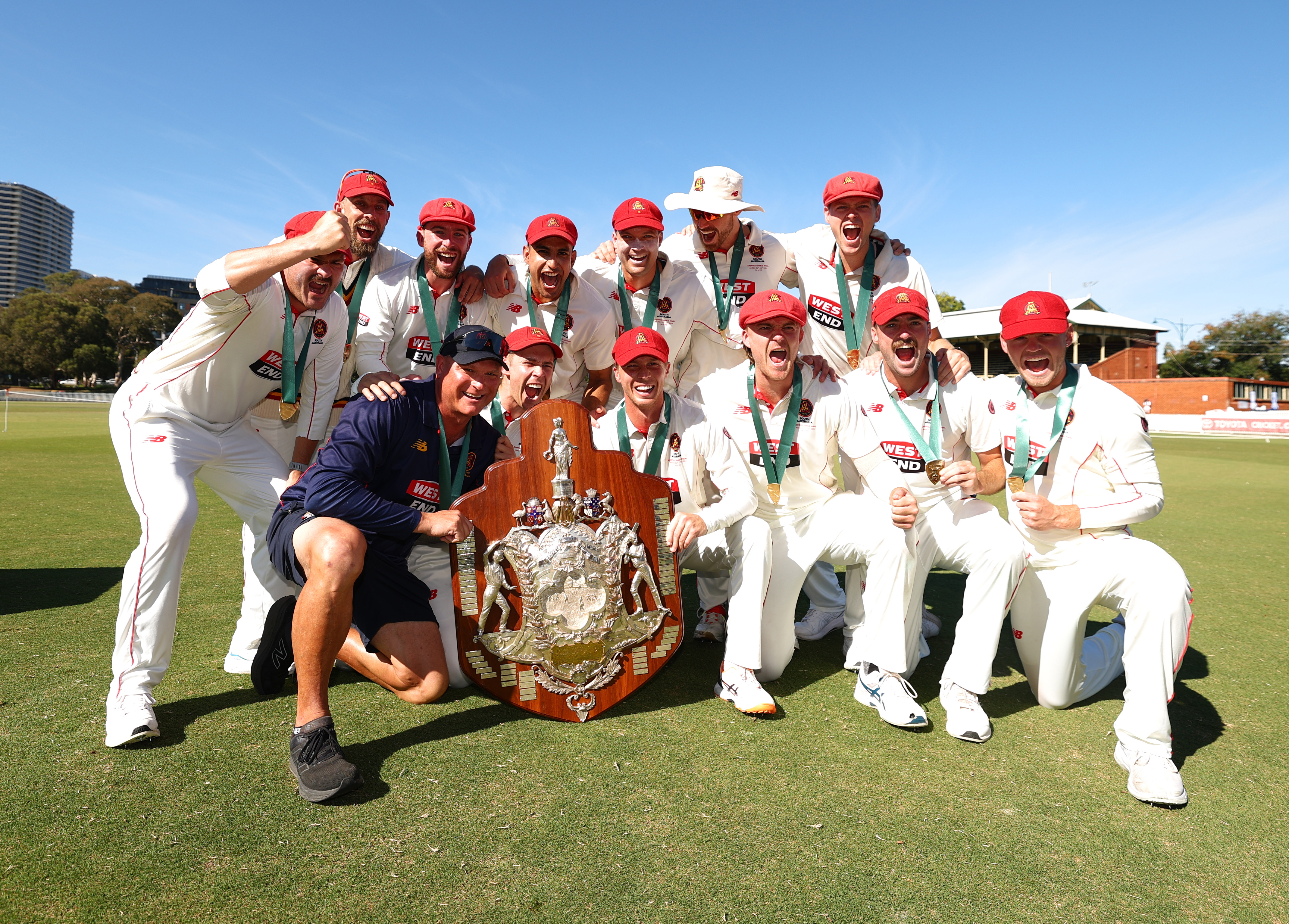 MELBOURNE, AUSTRALIA - MARCH 30: South Australia celebrtate after defeating Victoria during day five of the Sheffield Shield match between Victoria and South Australia at CitiPower Centre, on March 30, 2026, in Melbourne, Australia. (Photo by Robert Cianflone/Getty Images)
