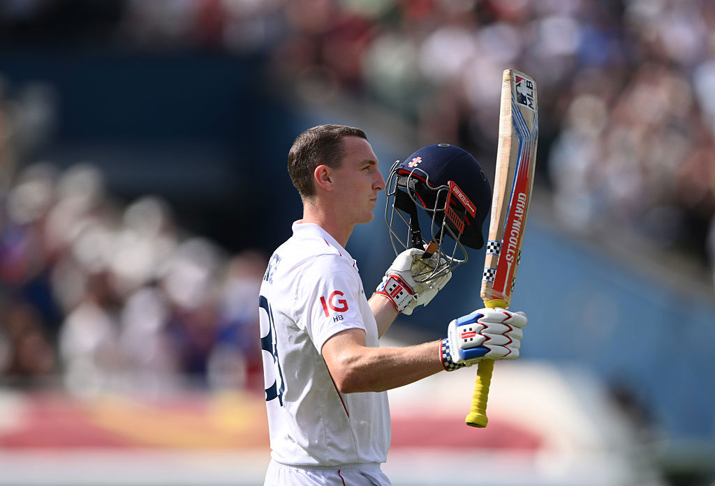England batsman Harry Brook raises the bat during day three of the Second Test Match between England and India.