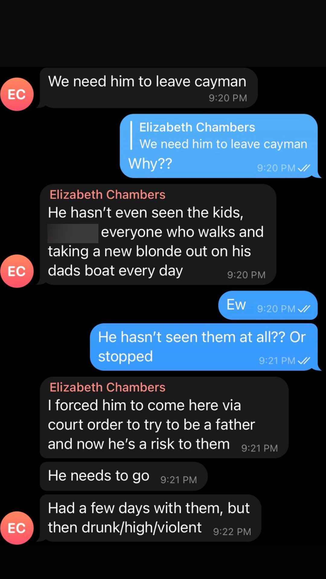 House of Effie alleged Elizabeth Chambers text messages