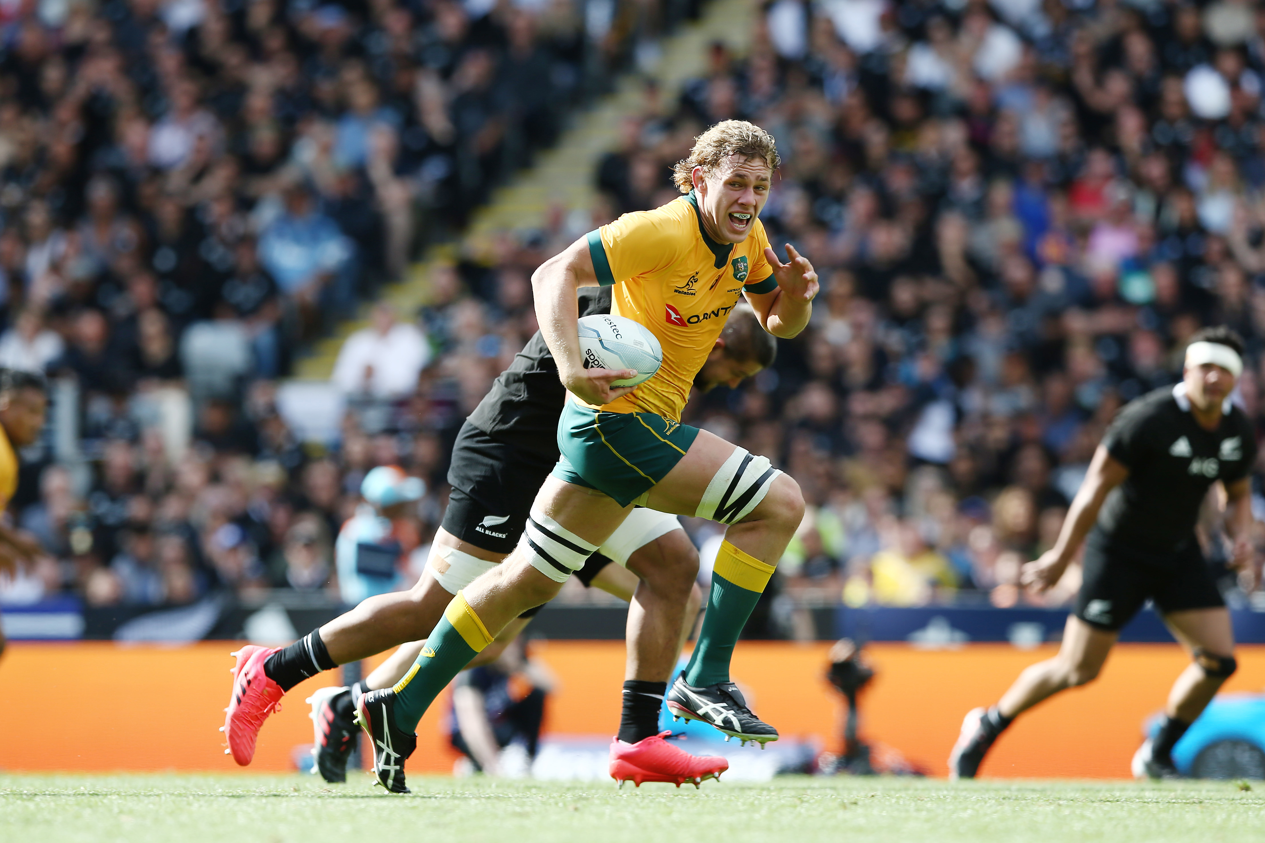 Ned Hanigan of the Wallabies makes a break during the Bledisloe Cup.