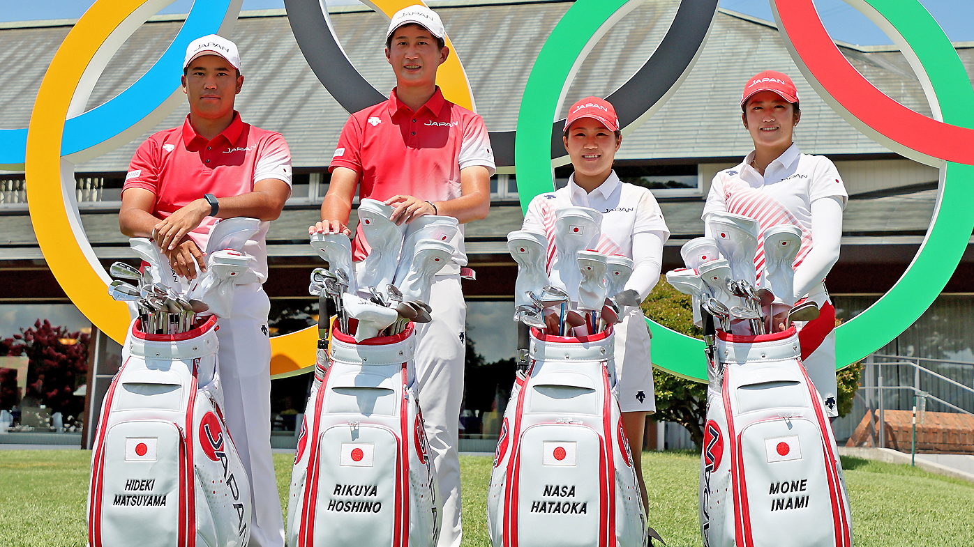  Hideki Matsuyama, Rikuya Hoshino, Nasa Hataoka, and Mone Inami of Team Japan pose for a portrait at Kasumigaseki Country Club