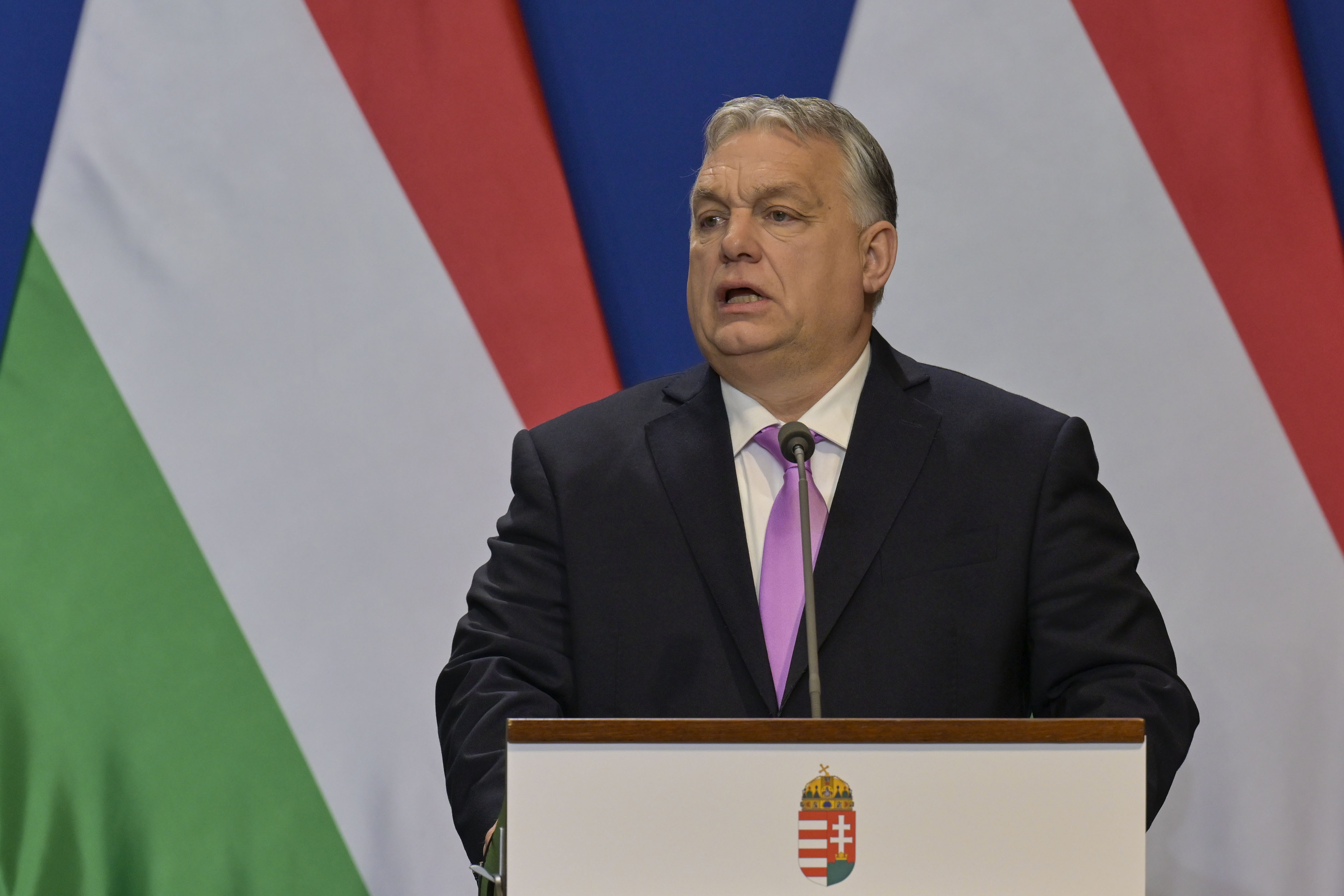 FILE - Hungarian Prime Minister Viktor Orban speaks during a press conference with his Sweden's counterpart Ulf Kristersson at the Carmelite Monastery in Budapest, Hungary, on Feb 23, 2024. Hungary's prime minister says that he will seek to opt his country out of any NATO operations aimed at supporting Ukraine. Prime Minister Viktor Orbán told state radio on Friday, May 24, 2024 that Hungary opposes a plan NATO is weighing to provide more predictable military support to Ukraine. (AP Photo/Denes 