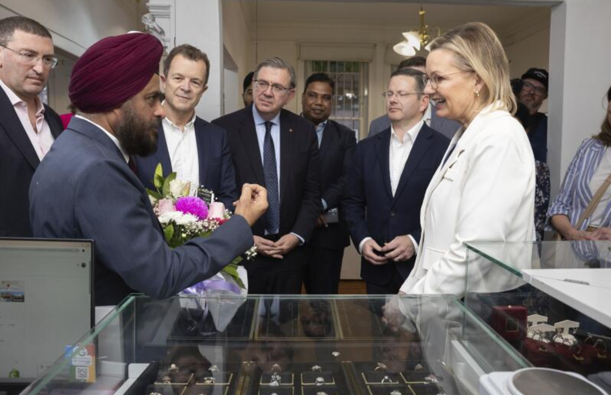 Opposition Leader Sussan Ley visits a jewellry store owned by Gurmeet Singh Tuli, President of Little India Australia, left, during a tour of Little India in Harris Park on Sunday 7th September 2025. The Liberal Party is seeking to mend relations with the Australian Indian community after Senator Jacinta Nampijinpa Price claimed that the government prioritises Indian migrants they preferentially vote for Labor. 