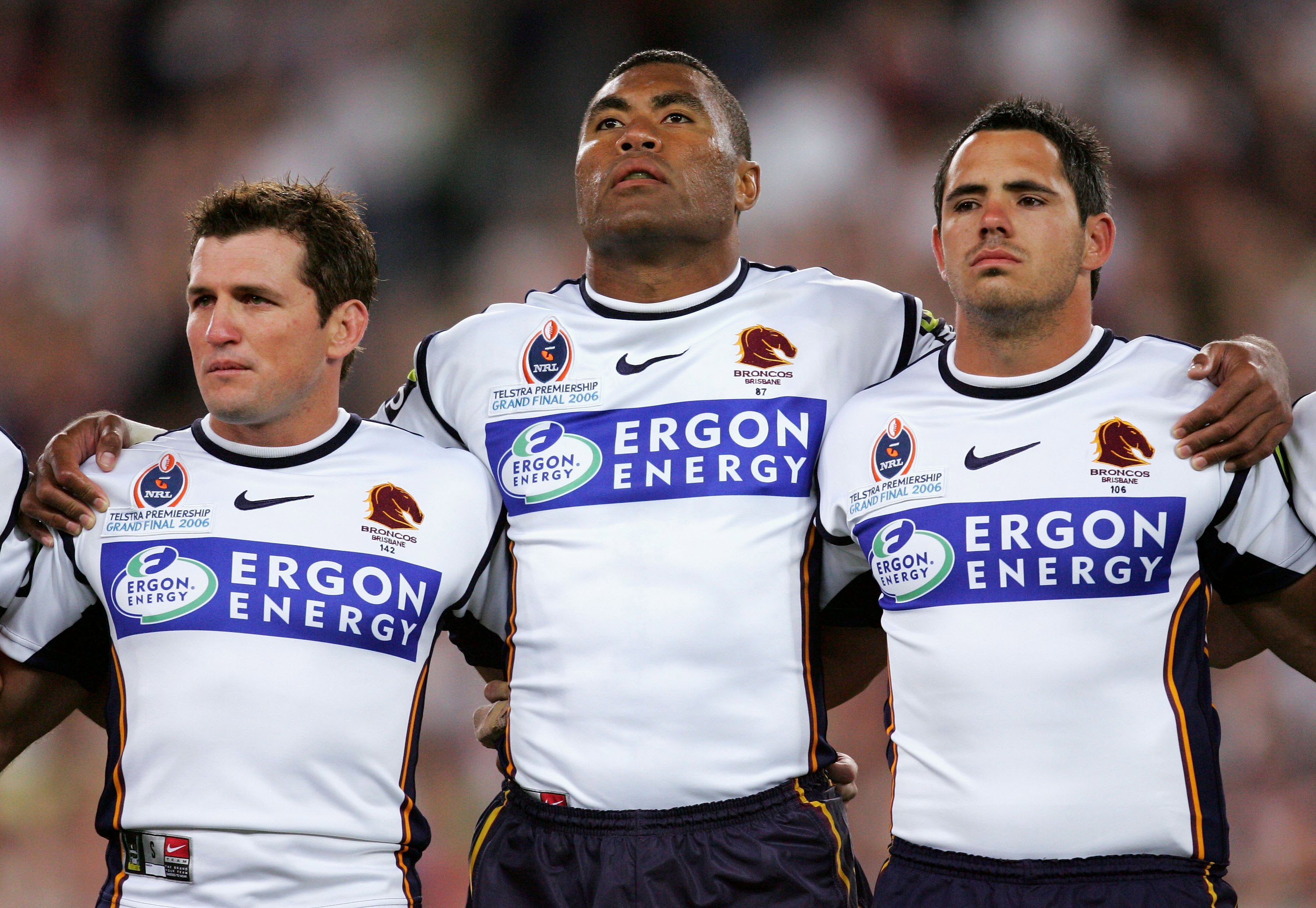 From left to right: Brisbane's Shane Perry, Petero Civoniceva and Corey Parker ahead of the 2006 NRL grand final.