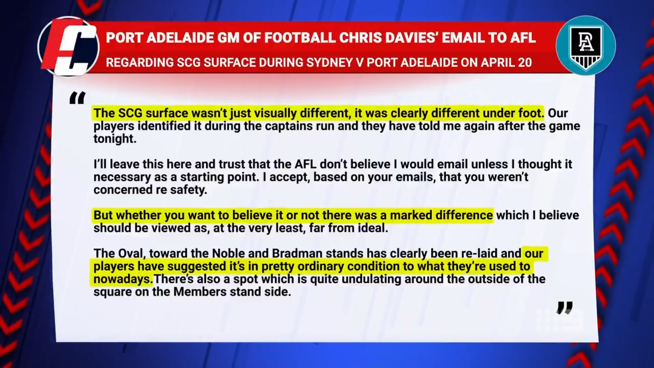 Exclusive emails revealed to Footy Classified from Port Adelaide to the SCG.
