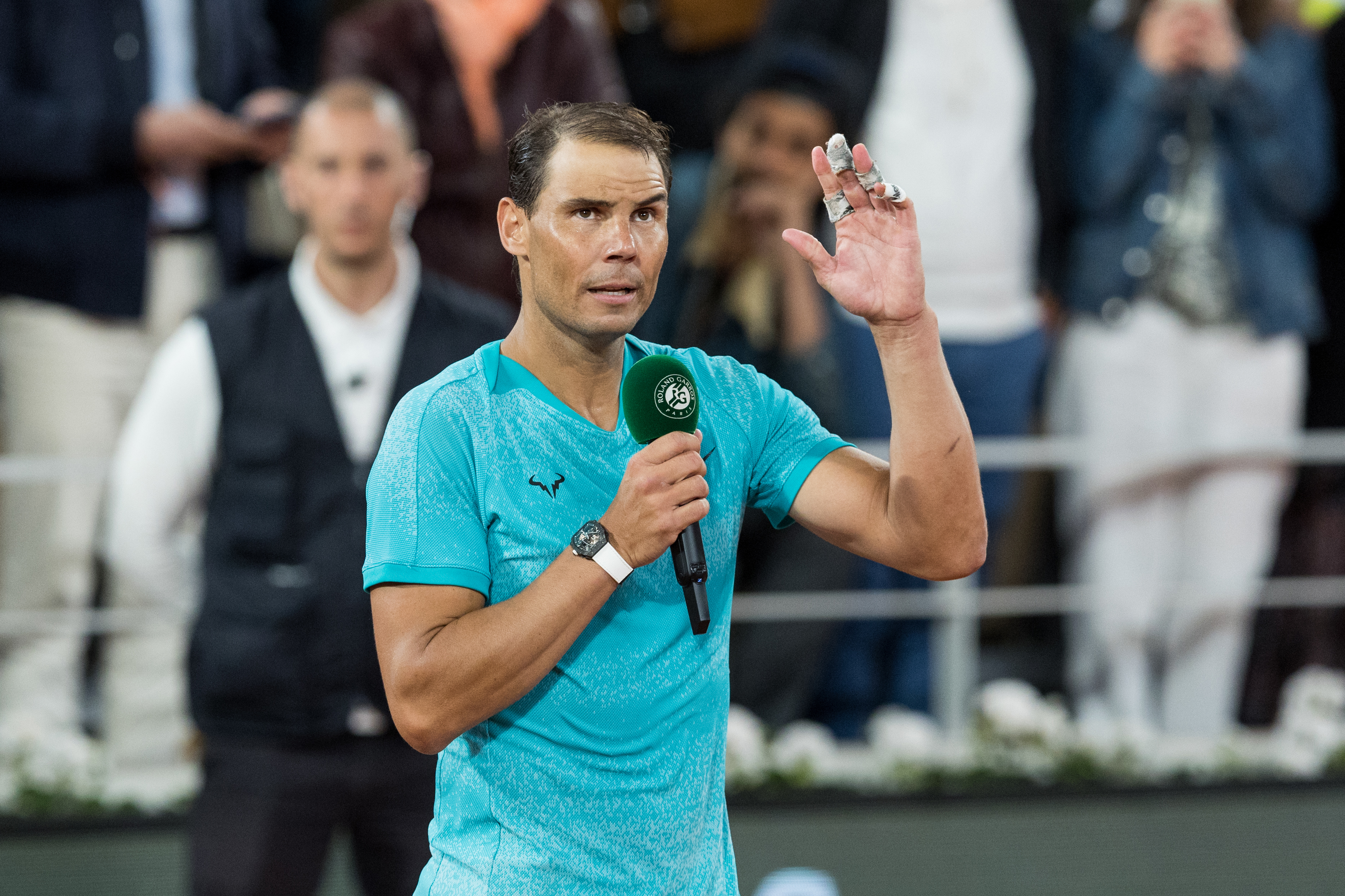 Rafael Nadal addressing the crowd after his loss at the French Open.
