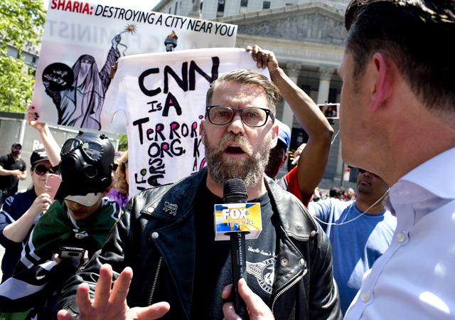 The alt-right leader and former co-founder of Vice Magazine Gavin McInnes attends an Act for America rally to protest sharia law in Foley Square in New York City. Members of the Oath Keepers and the Proud Boys, right wing Trump supporting groups that are willing to directly confront and engage left-wing anti-Trump protestors, attended the event.