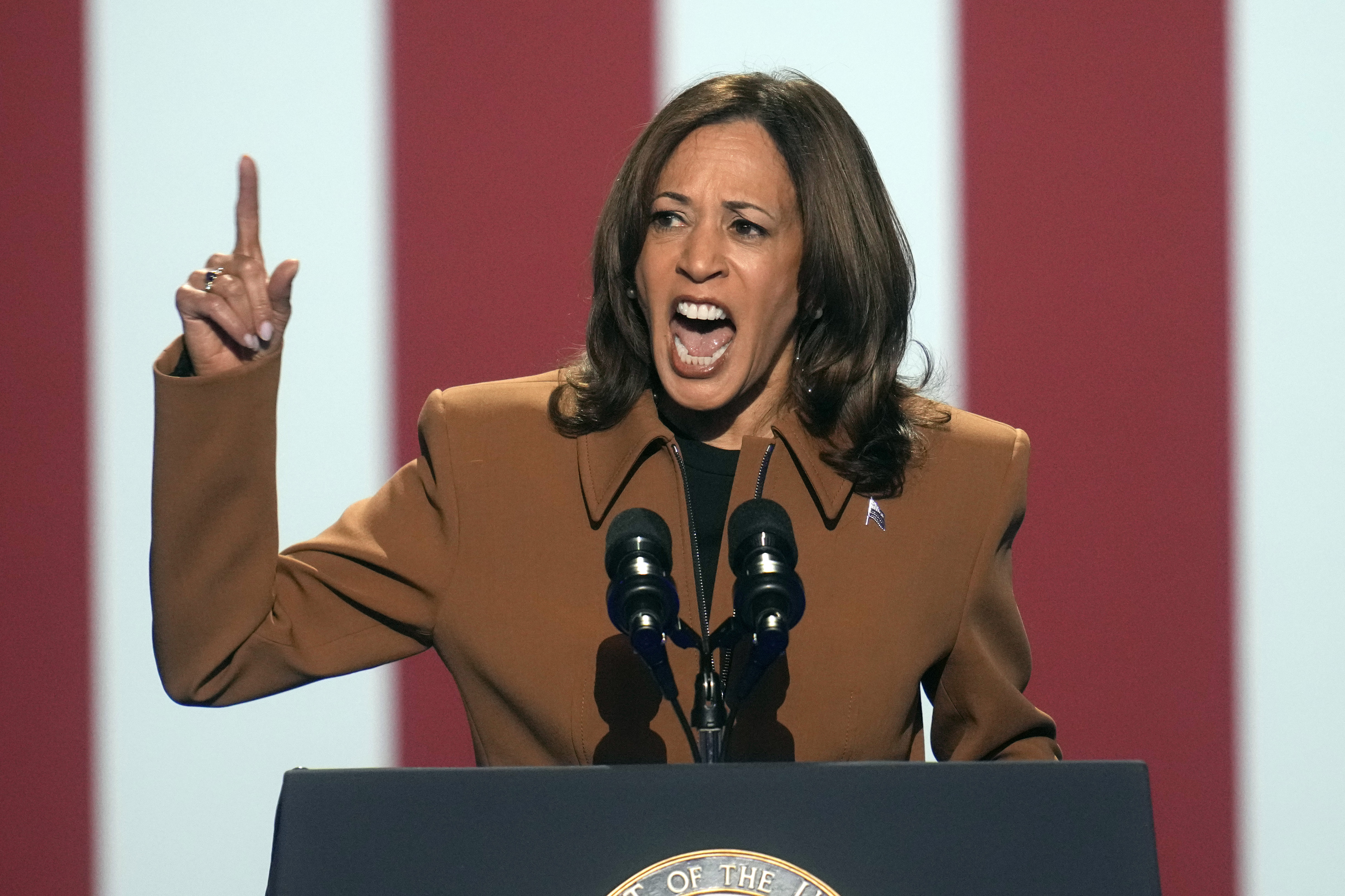 Democratic presidential nominee Vice President Kamala Harris speaks at a campaign rally at the Wings Event Center, Saturday, Oct. 26, 2024, in Kalamazoo, Mich. (AP Photo/Paul Sancya)