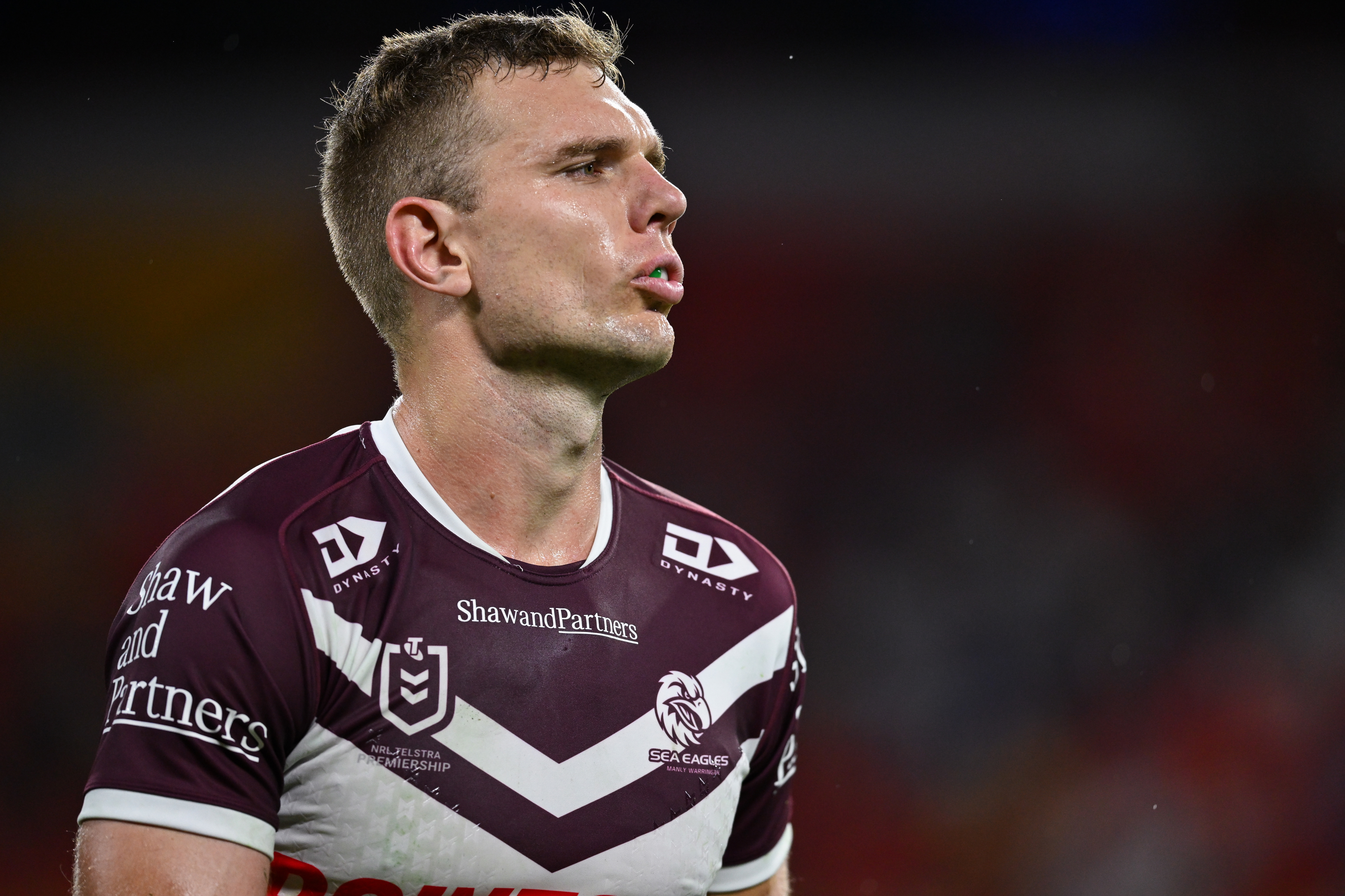 Tom Trbojevic in action for the Sea Eagles against the Dolphins.