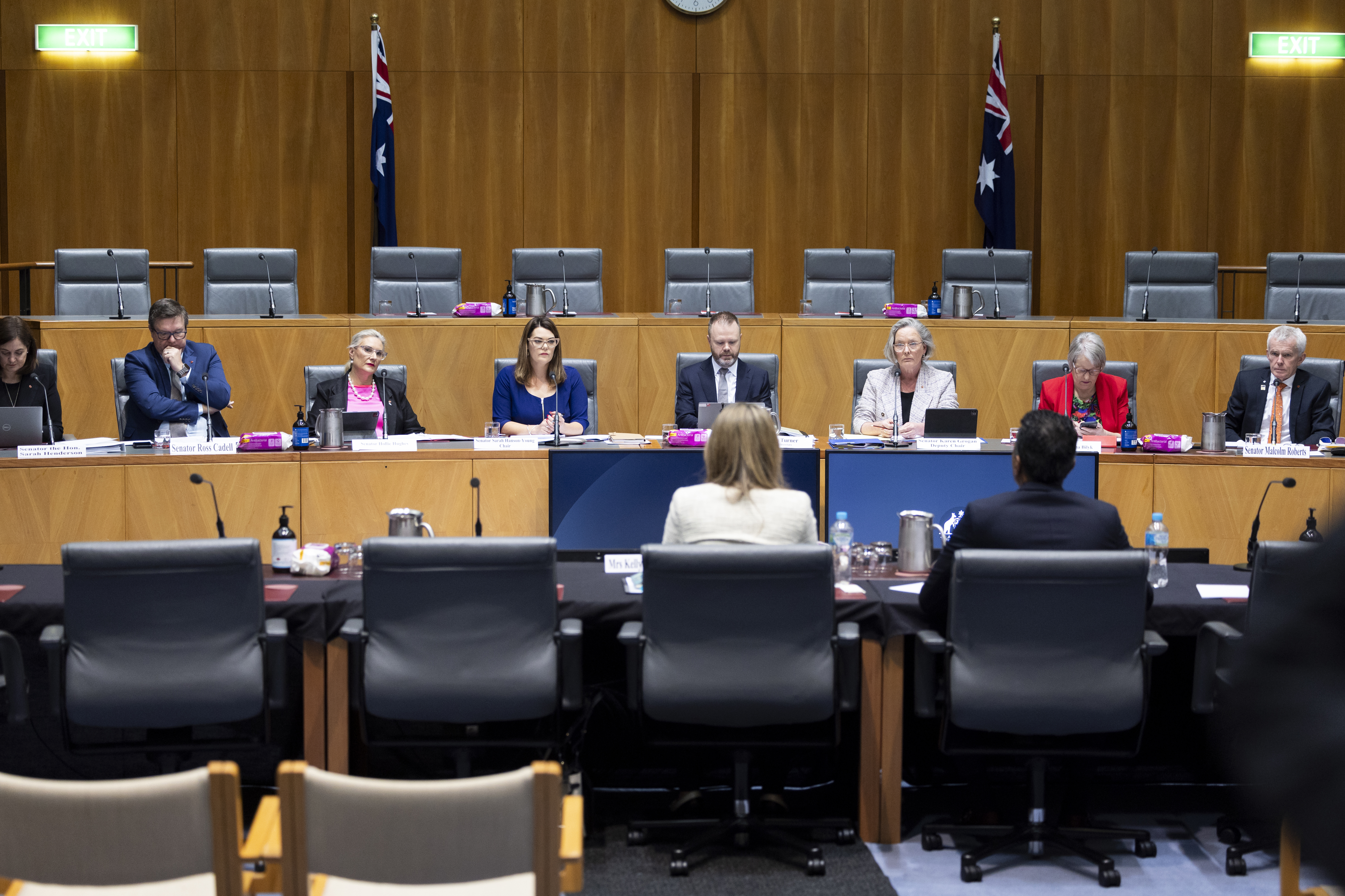 Optus CEO Kelly Bayer Rosmarin and Lambo Kanagaratnam, Optus, Managing Director, Networks, during a Senate hearing