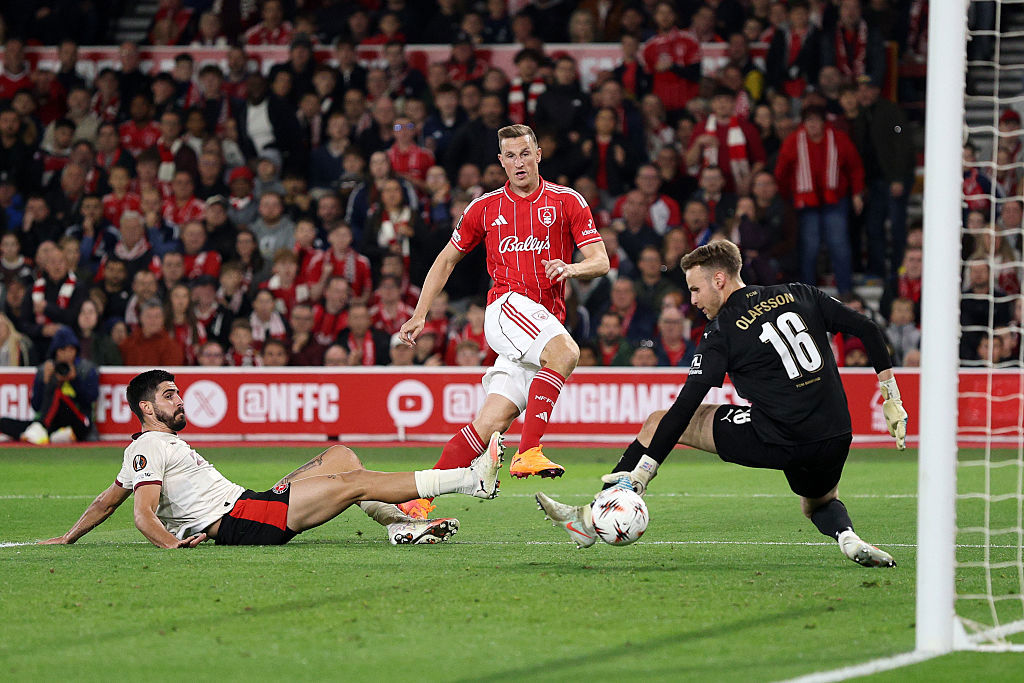 Chris Wood of Nottingham Forest scores a goal which is later disallowed.
