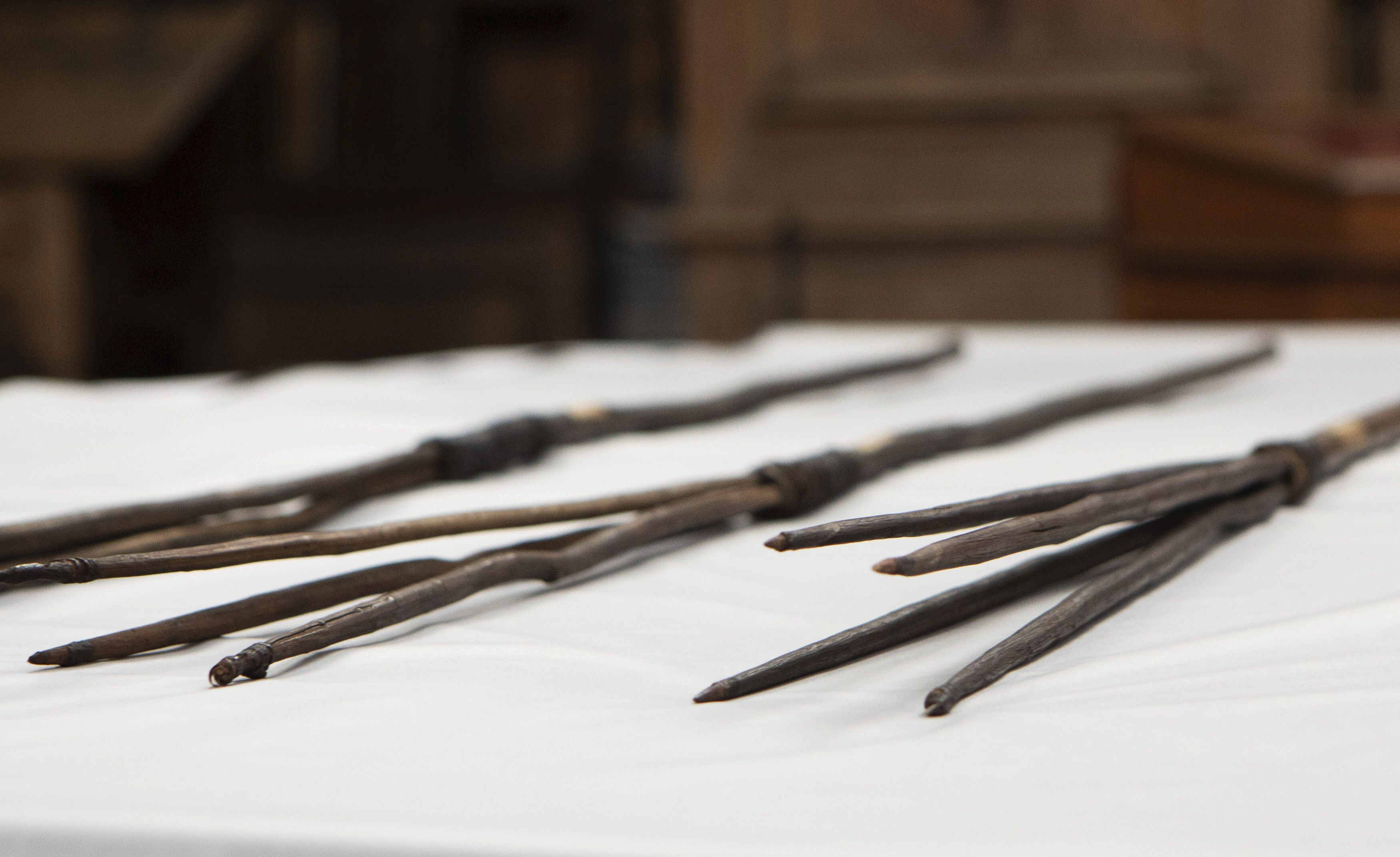 Four Aboriginal spears that were brought to England by Captain James Cook more than 250 years ago and have now been repatriated to Australia in a ceremony at Trinity College in Cambridge, Tuesday April 23, 2024. 