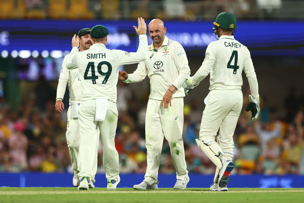 Nathan Lyon of Australia celebrates dismissing Joshua Da Silva of the West Indies.