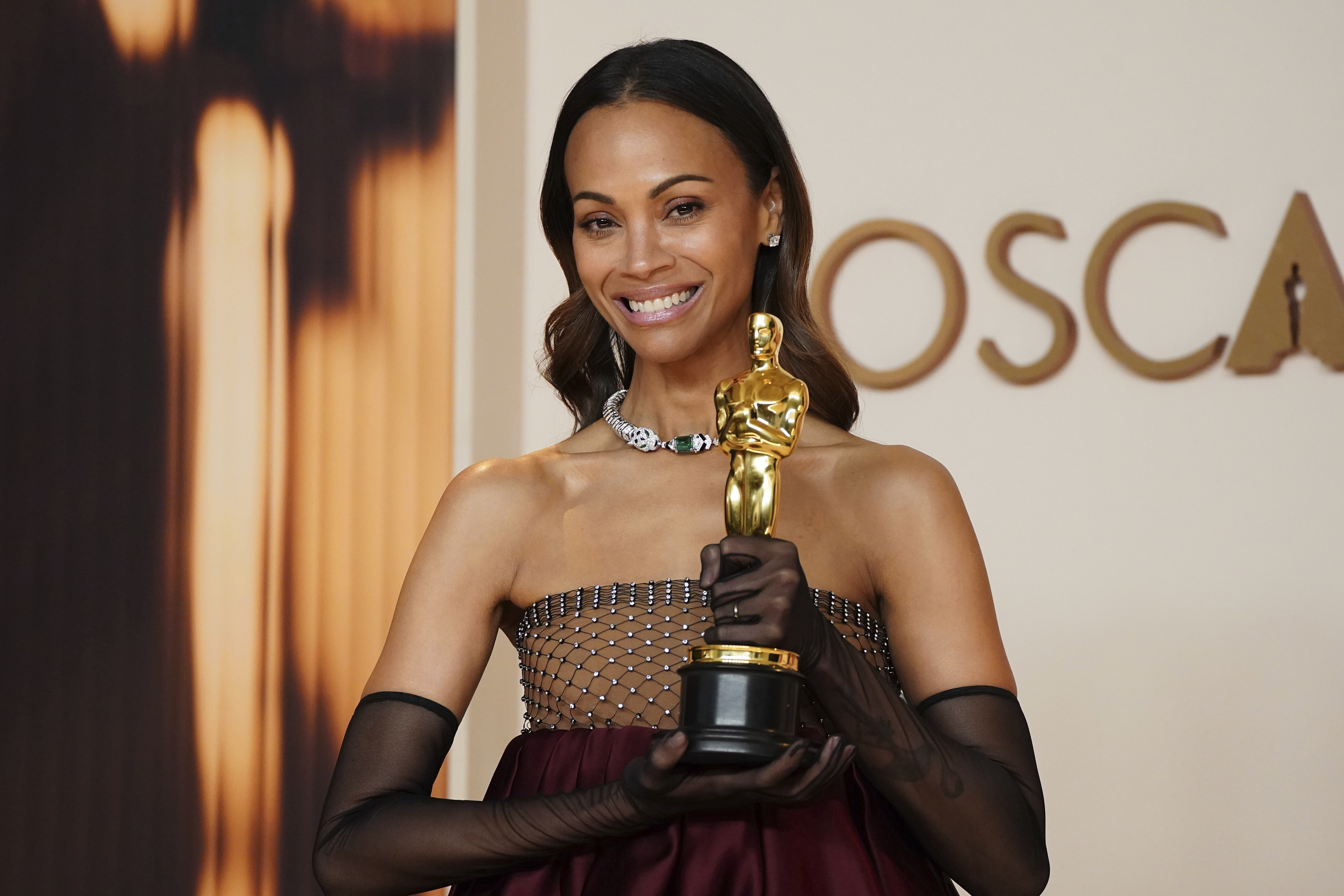 Zoe Saldana, winner of the award for best performance by an actress in a supporting role for Emilia Perez, in the press room at the Oscars on Sunday, March 2, 2025, at the Dolby Theatre in Los Angeles.