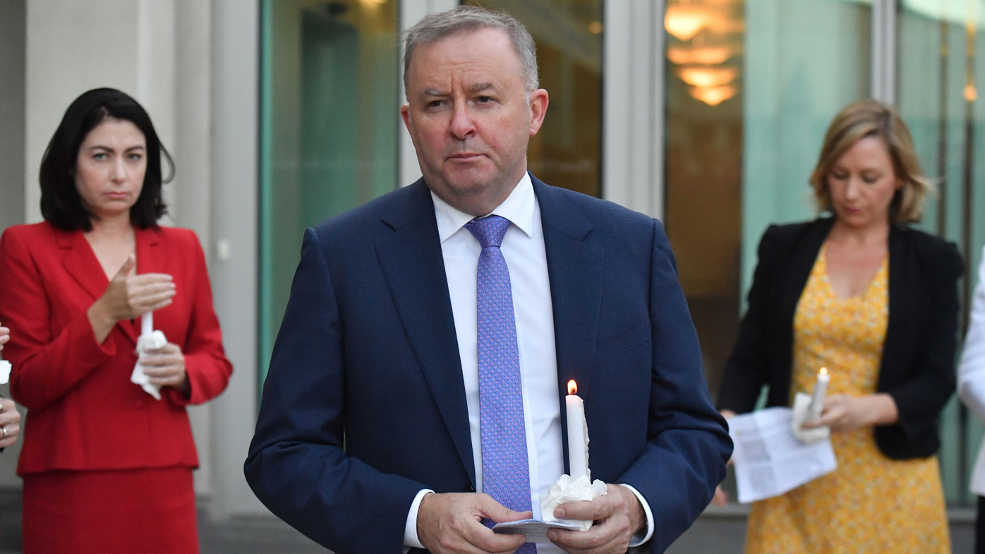 Leader of the Opposition Anthony Albanese speaks at a candlelight vigil by parliamentarians, for domestic violence murder victim Hannah Clarke and her children, at Parliament House in Canberra, Wednesday, February 26, 2020.