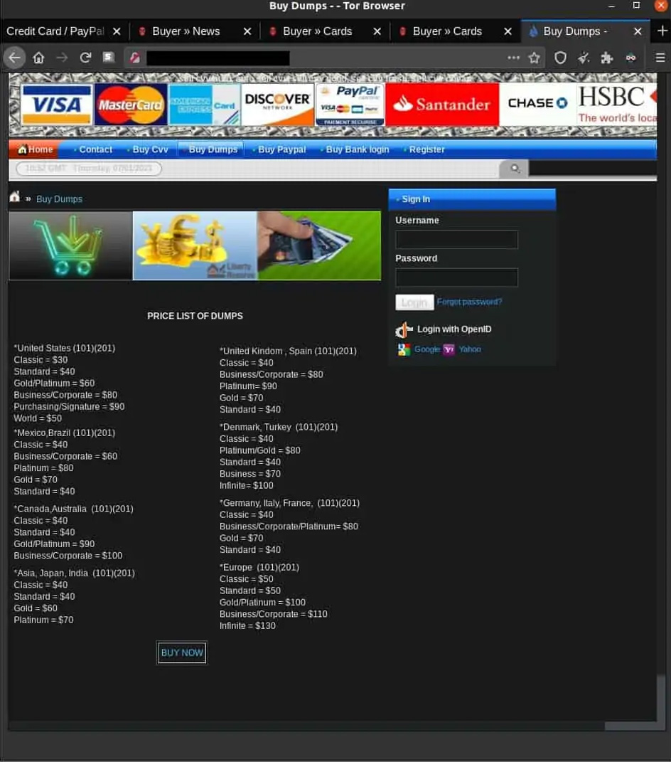 A screengrab of a dark web site selling credit cards.