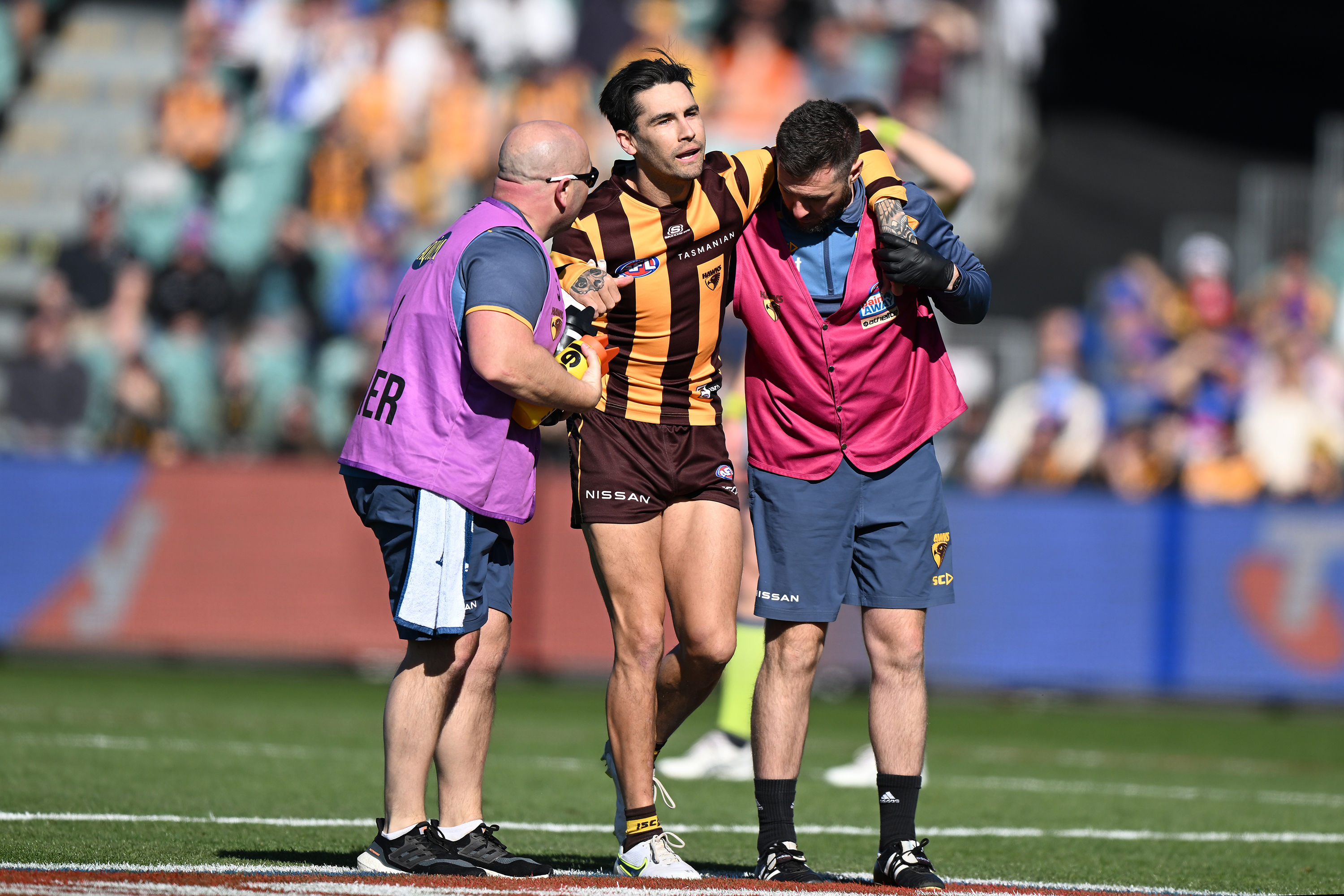 Hawthorn's Chad Wingard is helped from the field after suffering an Achilles injury in round 22.