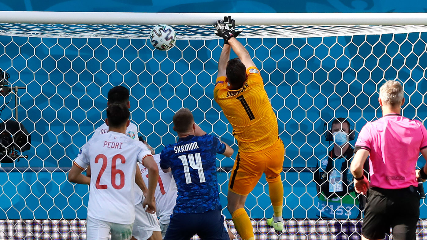 Martin Dubravka of Slovakia scores an own goal during the UEFA Euro 2020 Championship Group E match between Slovakia and Spain.