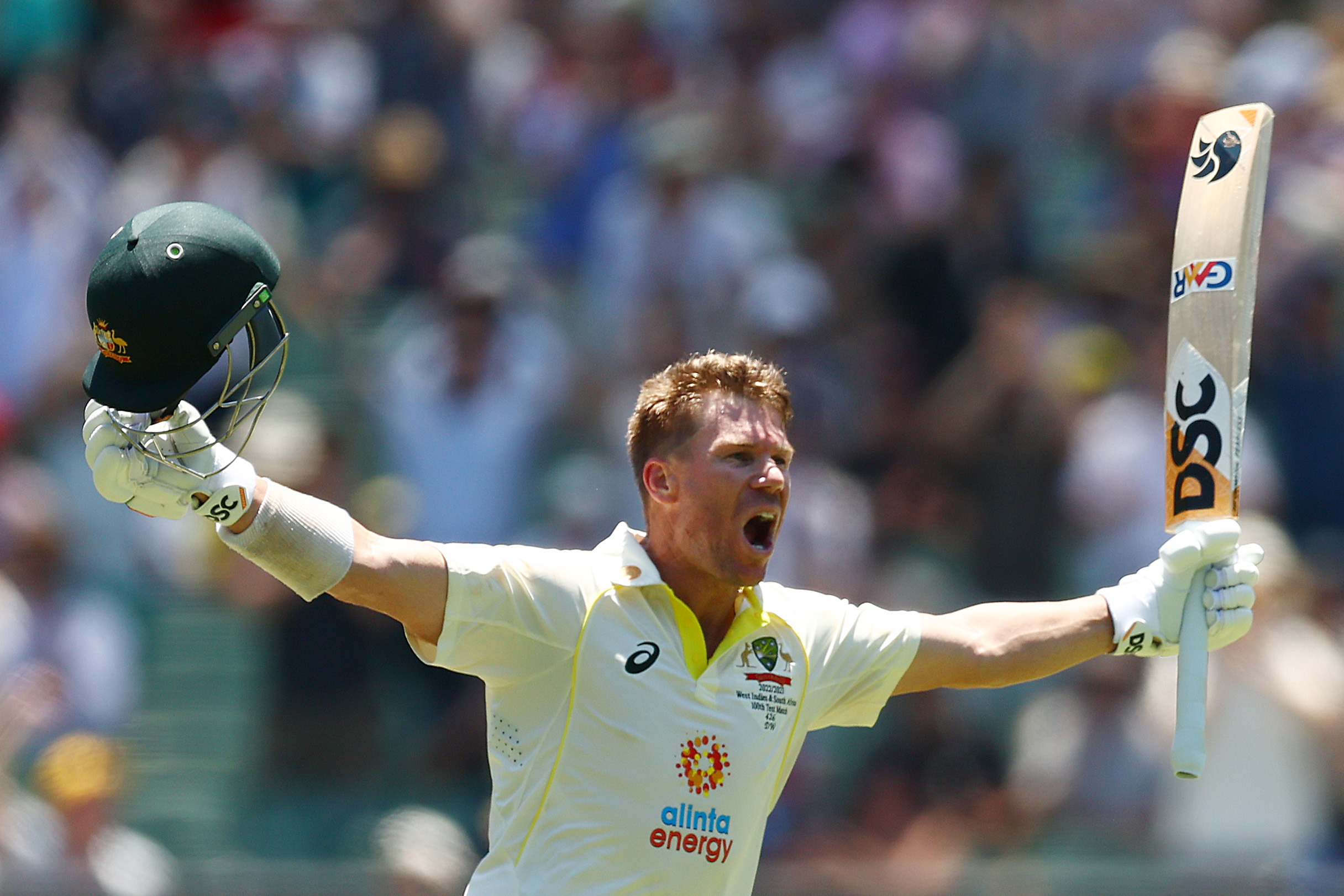 David Warner of Australia celebrates a century against South Africa in 2022.