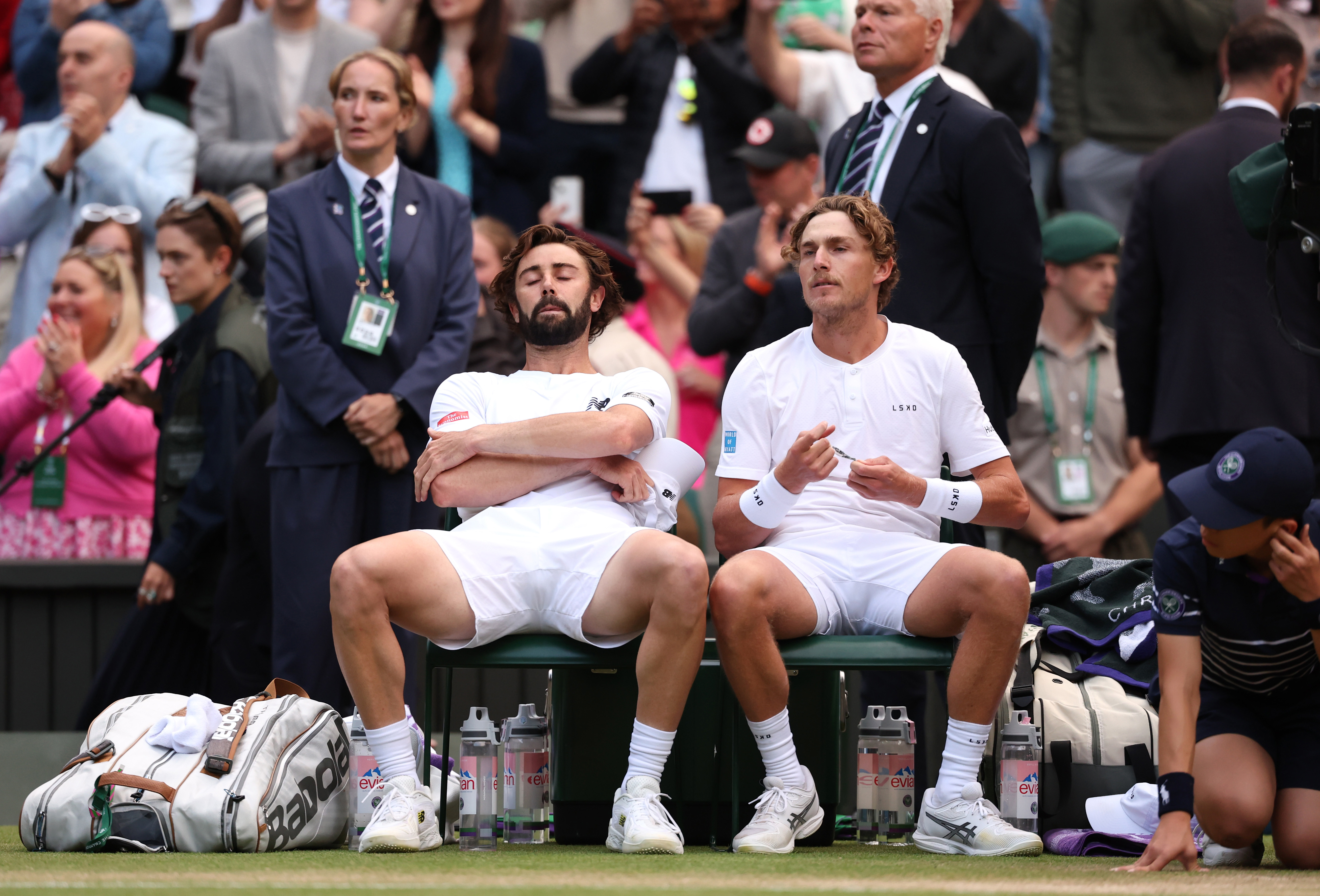 Jordan Thompson and Max Purcell of Australia look dejected following defeat against Henry Patten of Great Britain and Harri Heliovaara of Finland in the Gentlemen's Doubles Final during day thirteen of The Championships Wimbledon 2024 at All England Lawn Tennis and Croquet Club on July 13, 2024 in London, England. (Photo by Julian Finney/Getty Images)