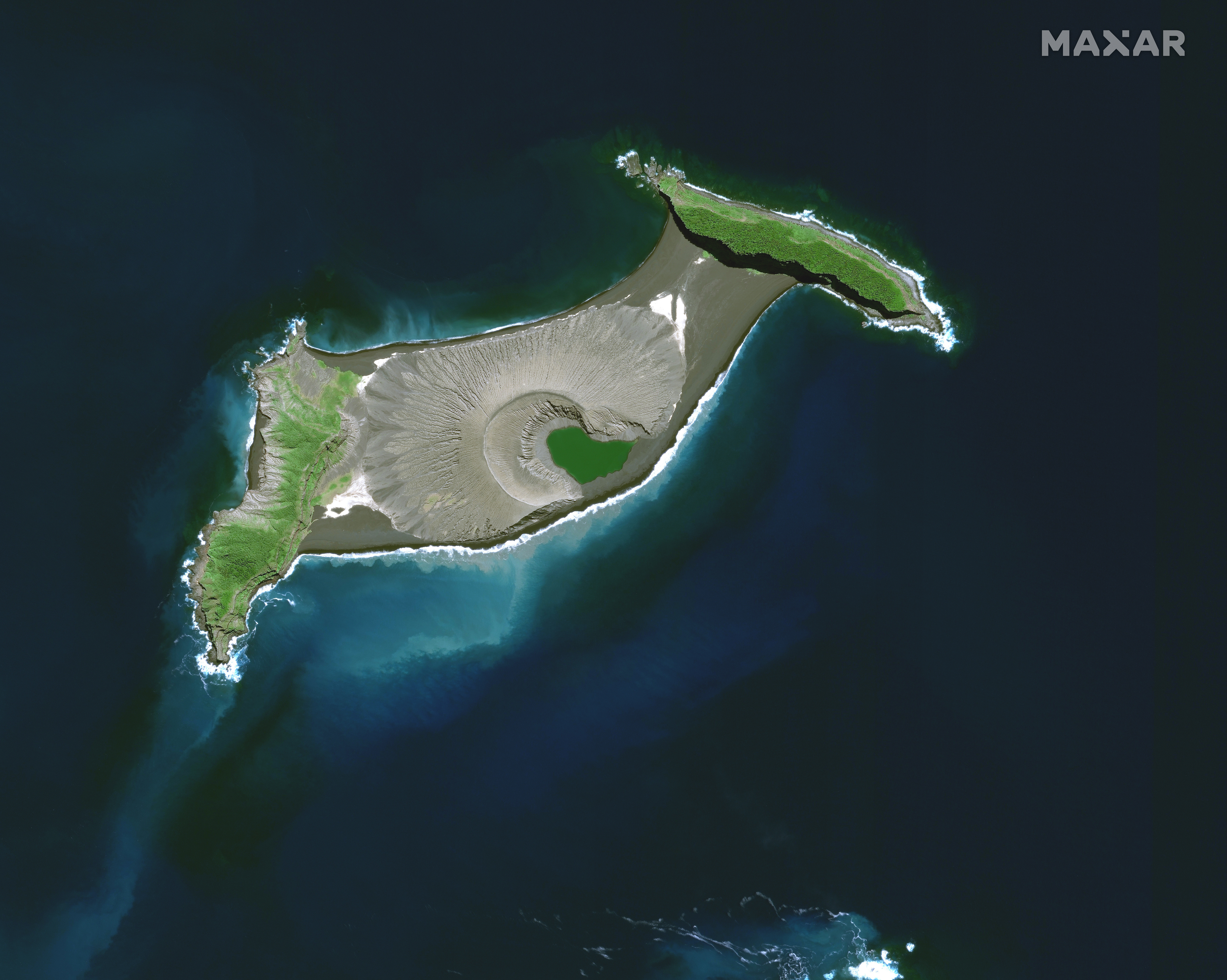 This satellite image provided by Maxar Technologies shows an overview of Hunga Tonga Hunga Haapai volcano in Tonga on April 10, 2021. (Satellite image ©2022 Maxar Technologies via AP)