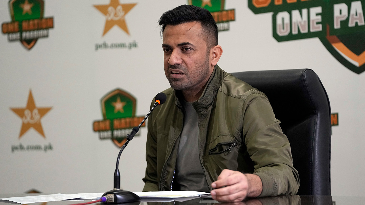 Newly appointed chief selector Wahab Riaz, speaks during a press conference at the Gaddafi Stadium in Lahore, Pakistan, Monday, Nov. 20, 2021. Fast bowler Haris Rauf pulled out at the last minute as Pakistan named three uncapped players in an 18-member squad for the test tour of Australia on Monday. (AP Photo/K.M. Chaudary)
