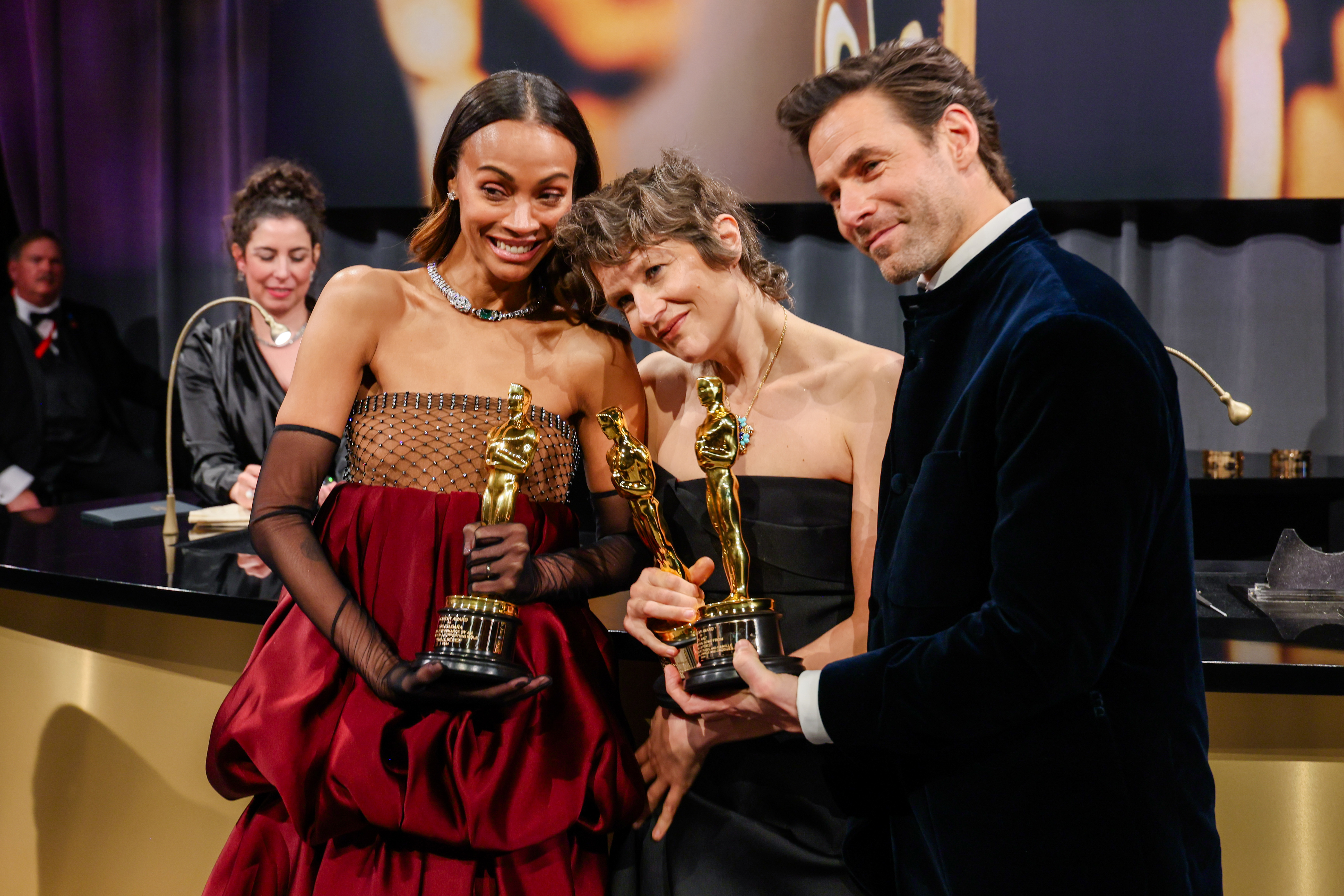 Zoe Saldana, Camille and Clément Ducol at the 2025 Governor's Ball.