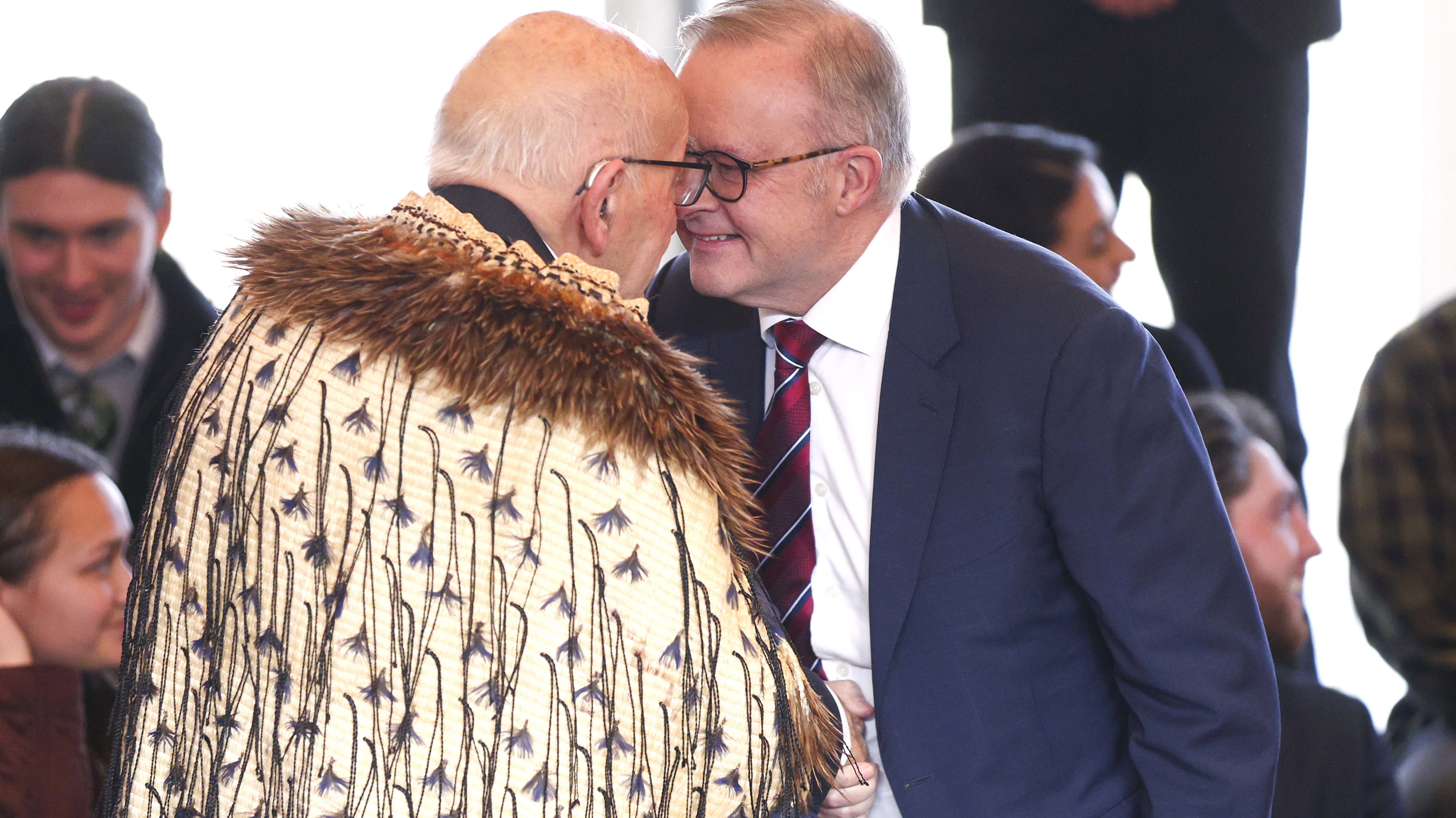 Australian Prime Minister Anthony Albanese greets Sir Tipene O'Regan with a hongi during a powhiri in Queenstown, New Zealand. 