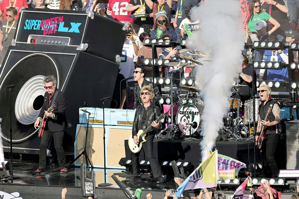 Billie Joe Armstrong, Tré Cool and Mike Dirnt of Green Day perform during Super Bowl LX at Levi's Stadium on February 08, 2026 in Santa Clara, California.