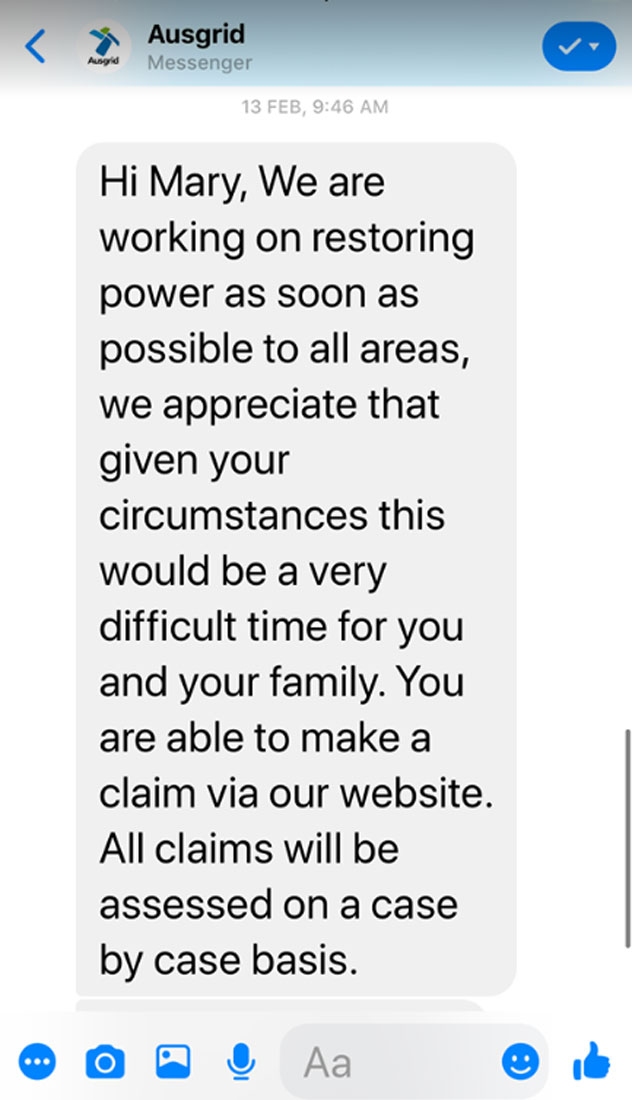 A reply from Ausgrid Mary received five days after power went out.